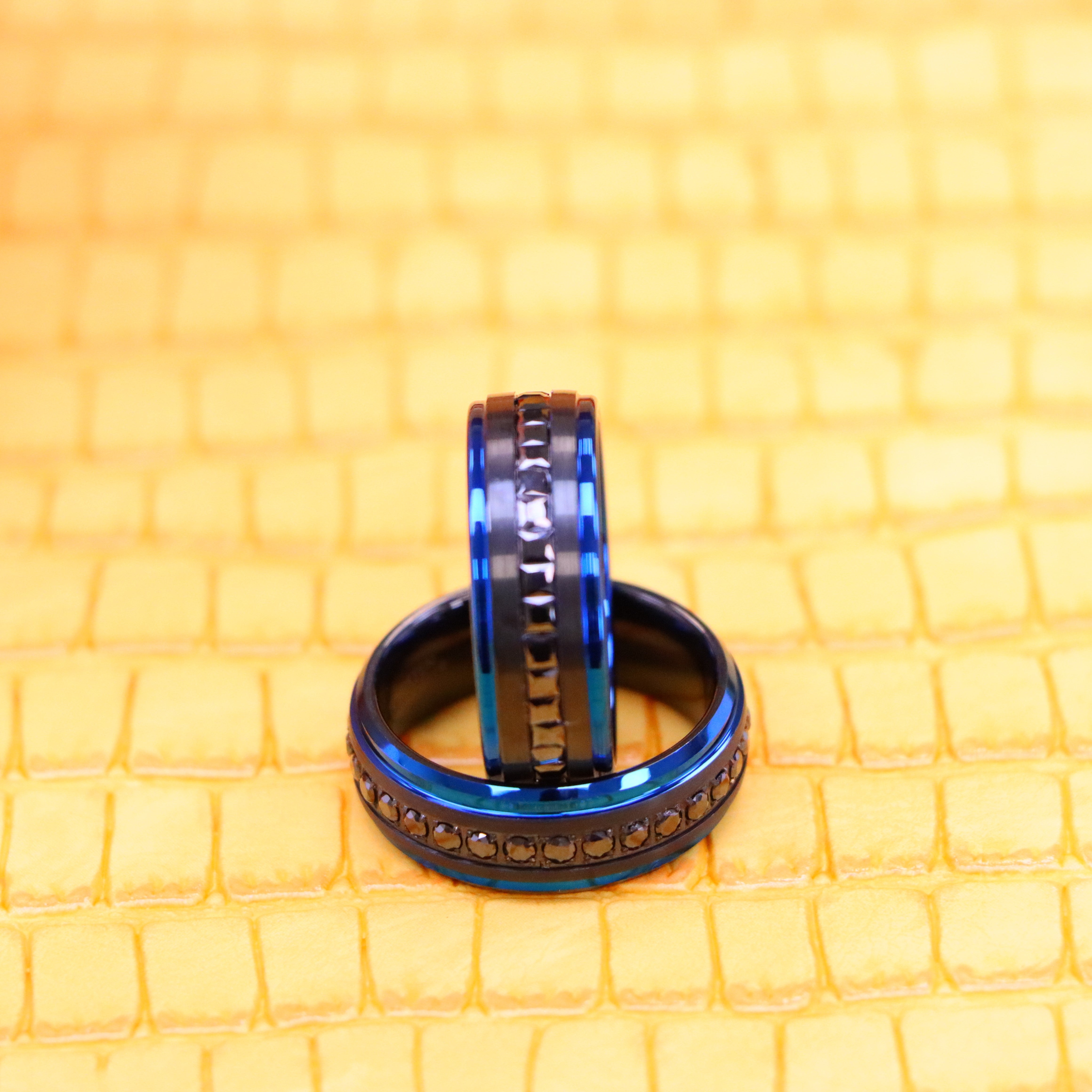8mm Black Plated with Blue Edges and Black CZ Princess Cut Eternity band and 8mm Black Plated with Blue Edges and Black CZ Round Cut Eternity Ring - prduct image view of men and women tungsten rings