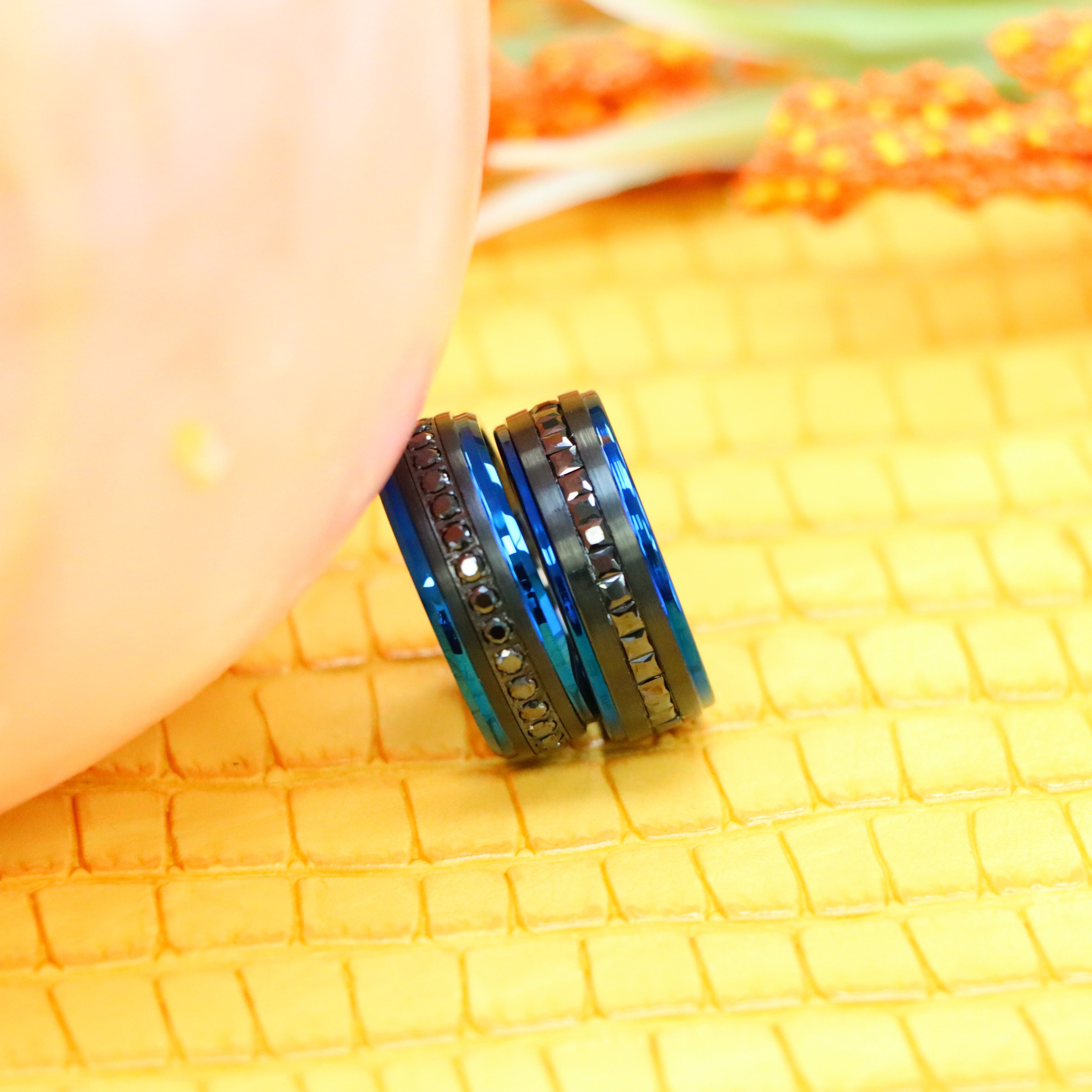 8mm Black Plated with Blue Edges and Black CZ Princess Cut Eternity band and 8mm Black Plated with Blue Edges and Black CZ Round Cut Eternity Ring - men and women tungsten rings
