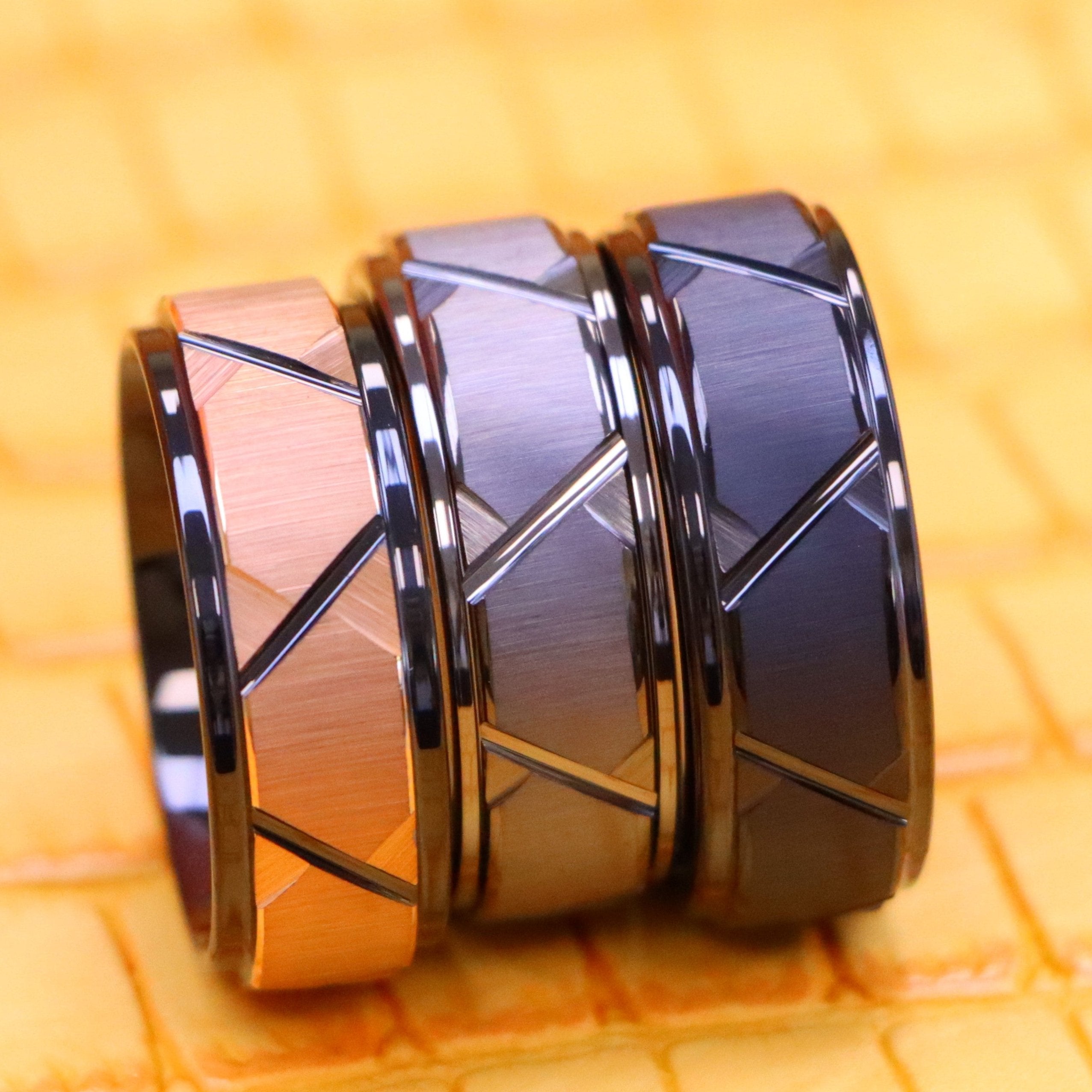 8mm black brushed Rose gold Plated Trapezoid Center, Grooves & Stepped Edge Tungsten Ring, 8mm grey brushed Gun Metal Plated Trapezoid Center, Grooves & Stepped Edge Tungsten Ring,8mm black brushed black Gun Metal Plated Trapezoid Center, Grooves & Stepped Edge Tungsten Ring - clear front view