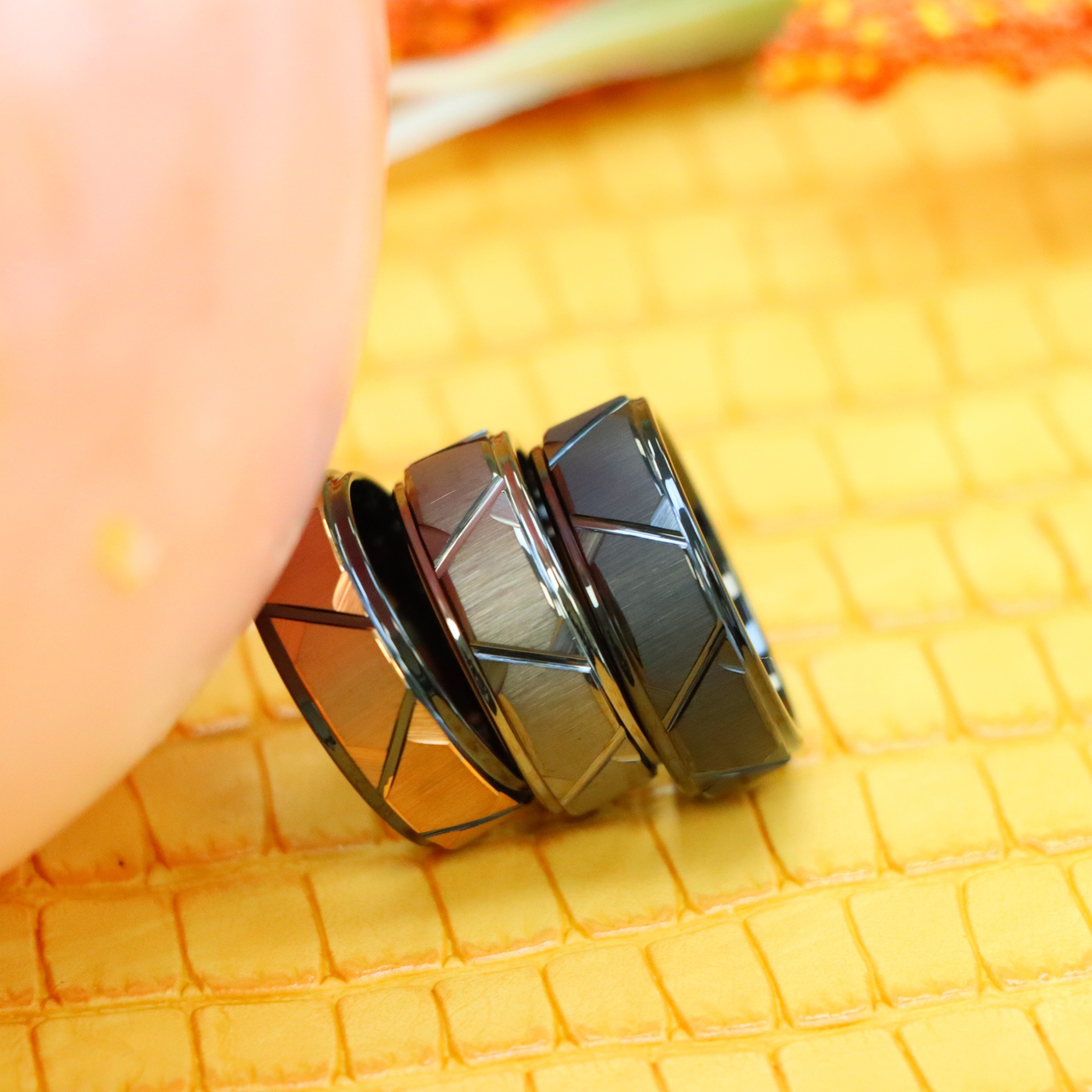 8mm Black IP Brushed /Gun Metal IP Plated Trapezoid Center High Polished Rose Gold IP Grooves & Stepped Edge Tungsten Ring - Labhu USA