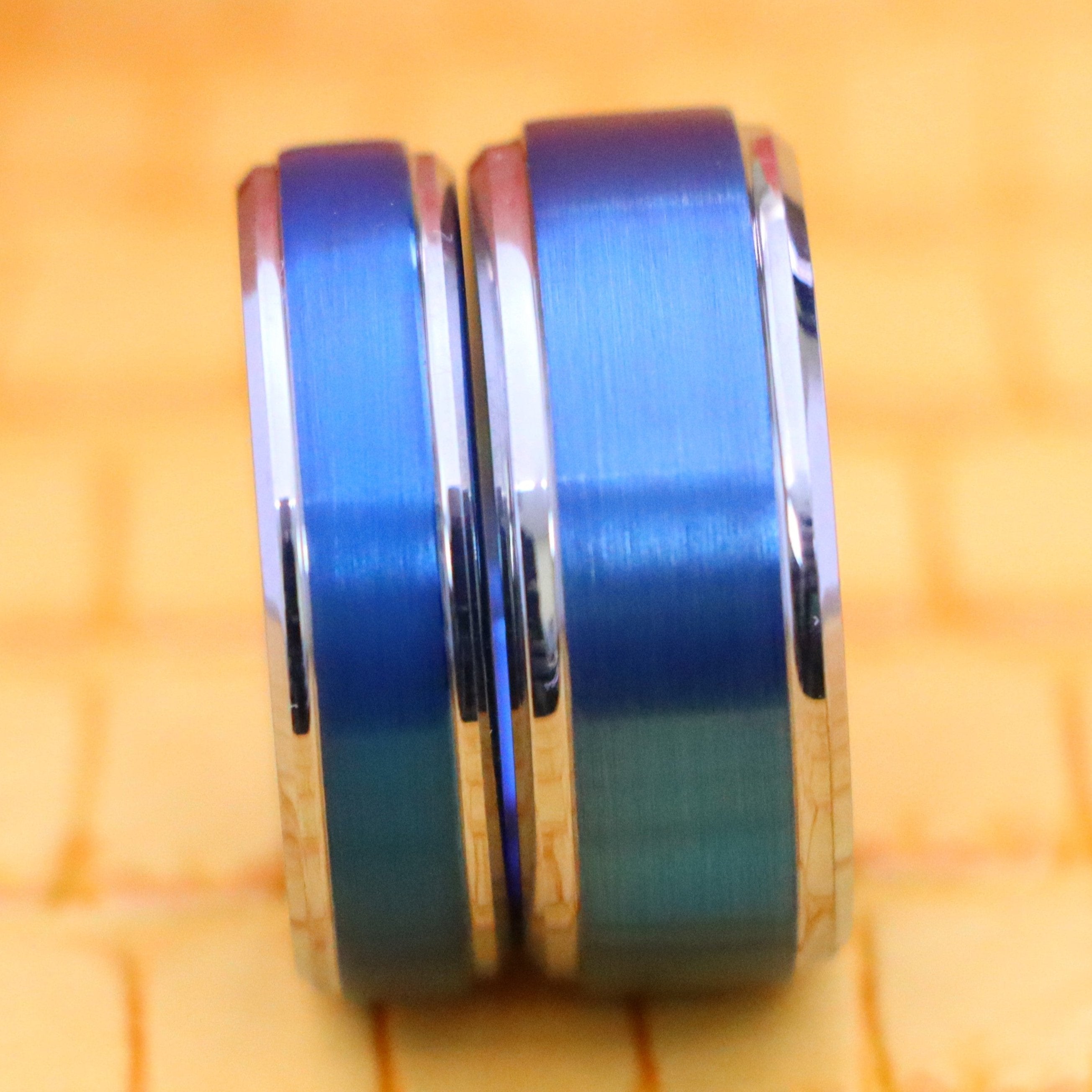 Blue IP Brushed Center High Polish Stepped/Beveled Edge Tungsten Ring - Labhu USA