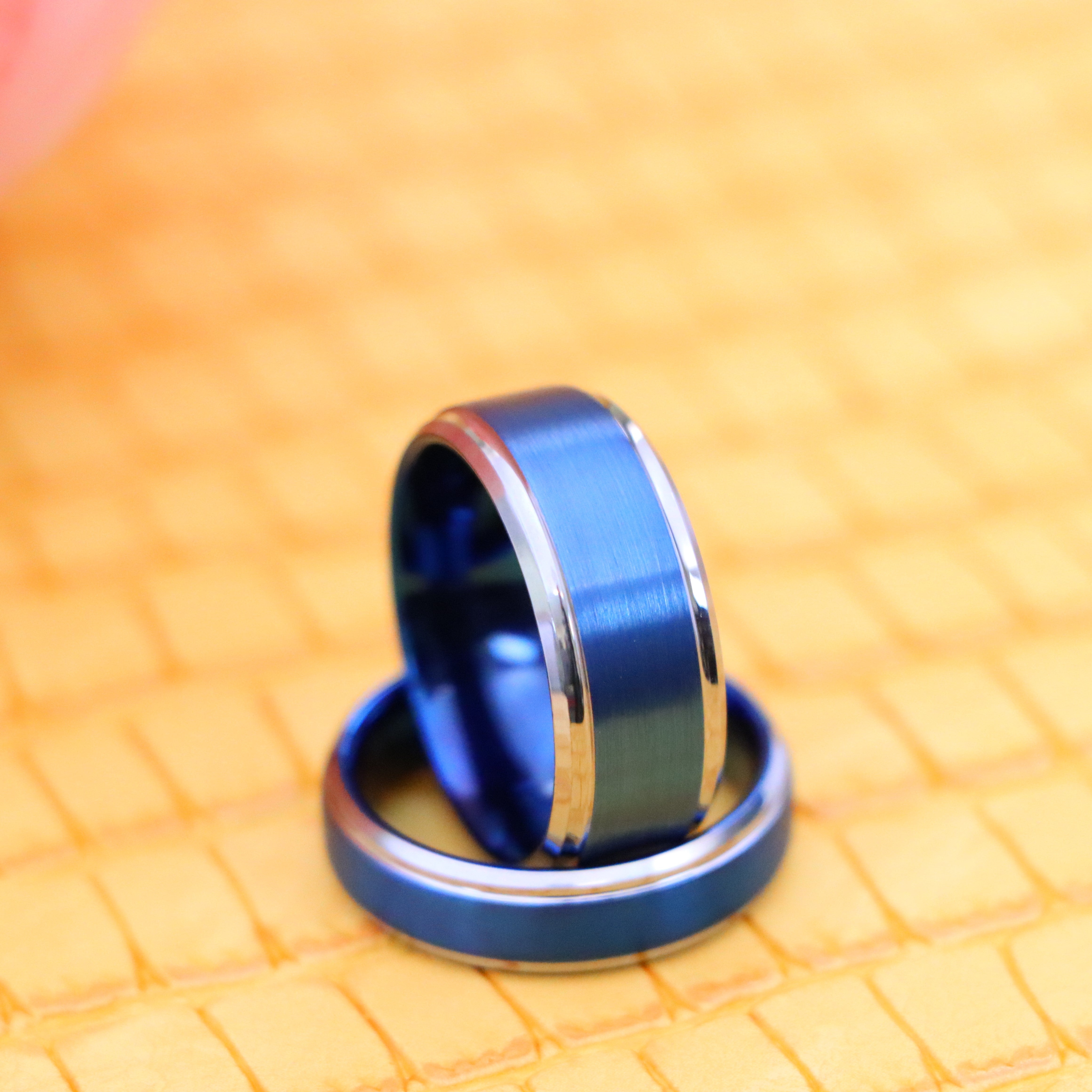 Blue IP Brushed Center High Polish Stepped/Beveled Edge Tungsten Ring - Labhu USA