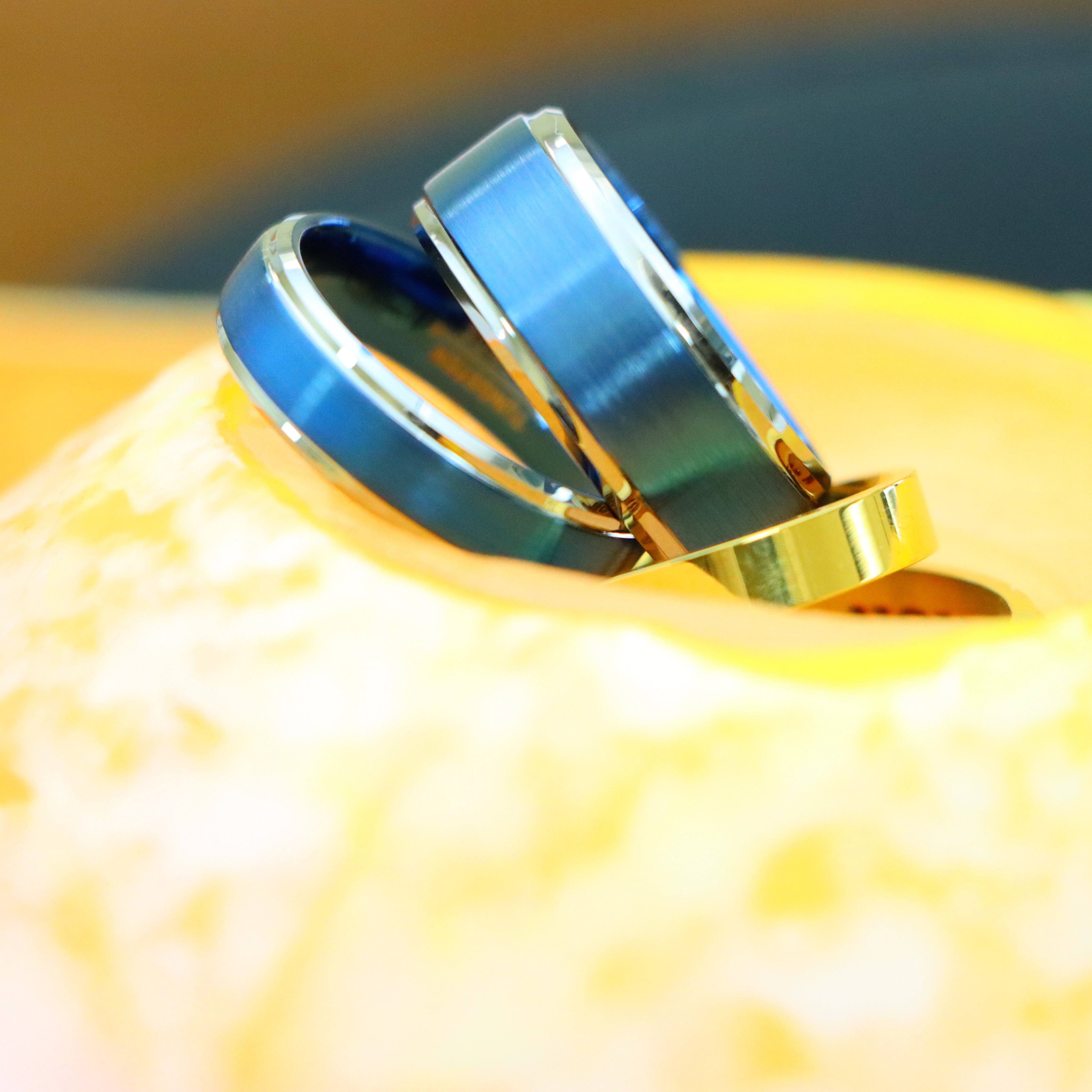 Blue IP Brushed Center High Polish Stepped/Beveled Edge Tungsten Ring - Labhu USA