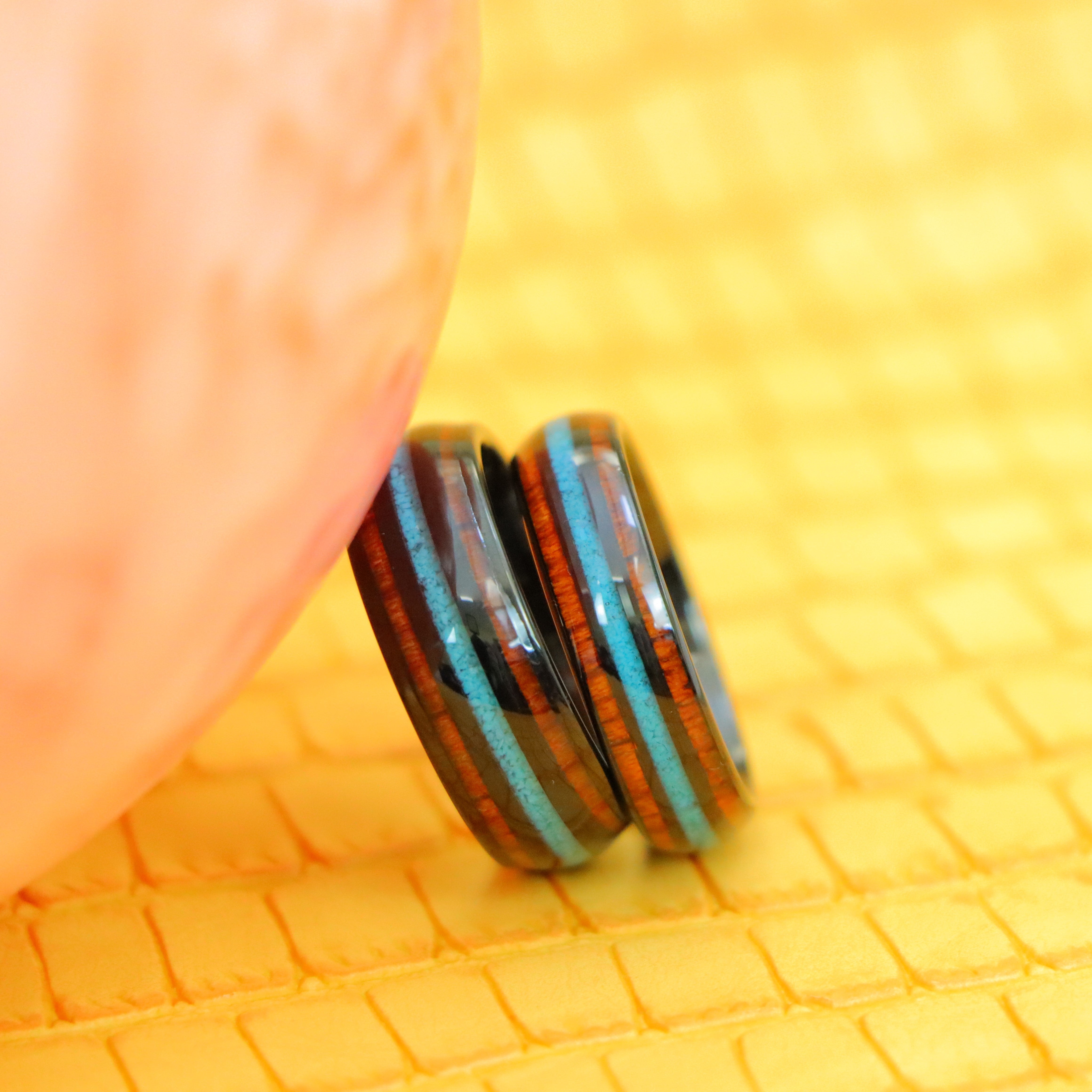 Black IP Plated with Koa Wood & Crushed Turquoise Inlay Tungsten Ring - Labhu USA