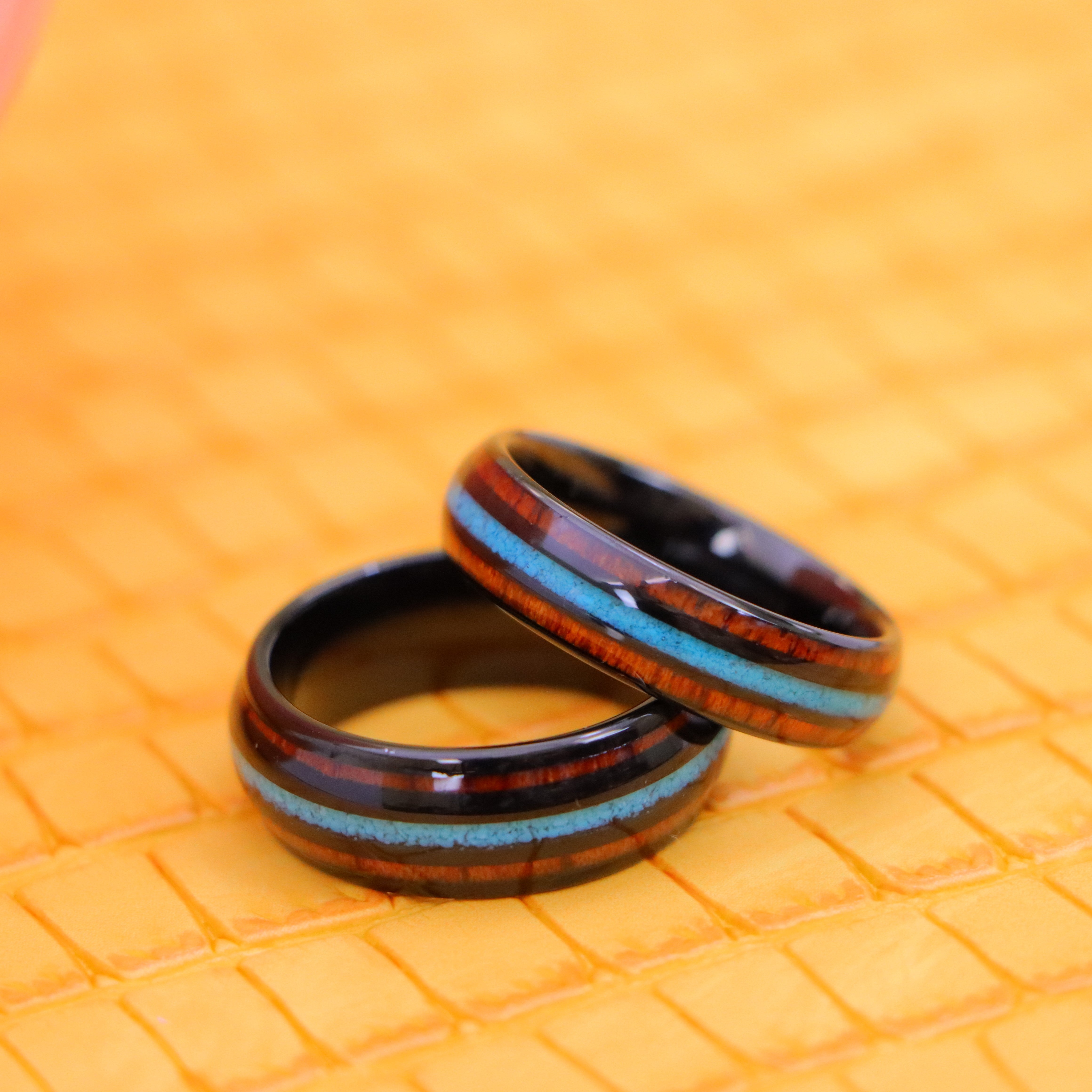 Black IP Plated with Koa Wood & Crushed Turquoise Inlay Tungsten Ring - Labhu USA