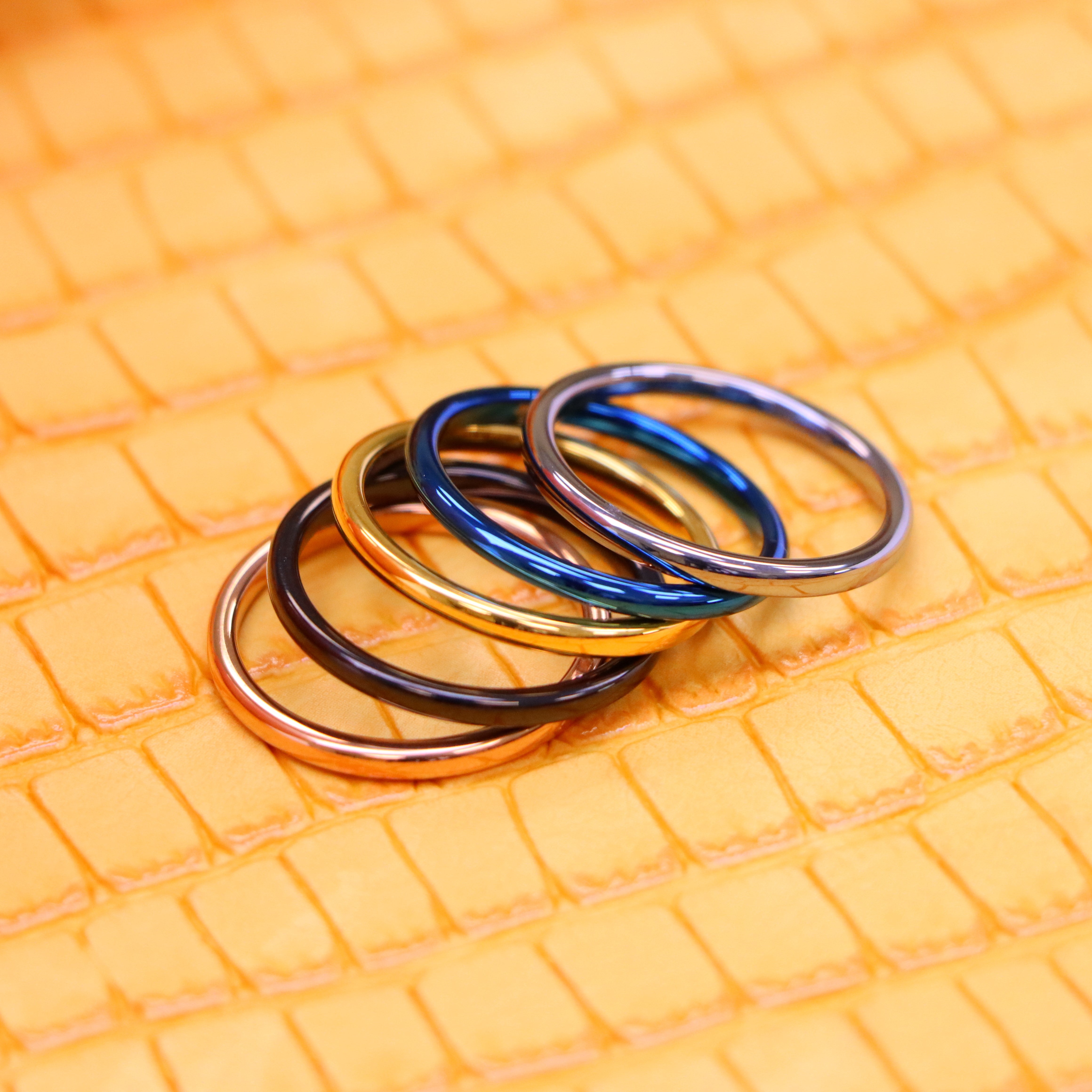 2mm High Polish Blue/Silver/Yellow/Rose Gold/Black Thin multi color Tungsten Rings spreaded one on one view