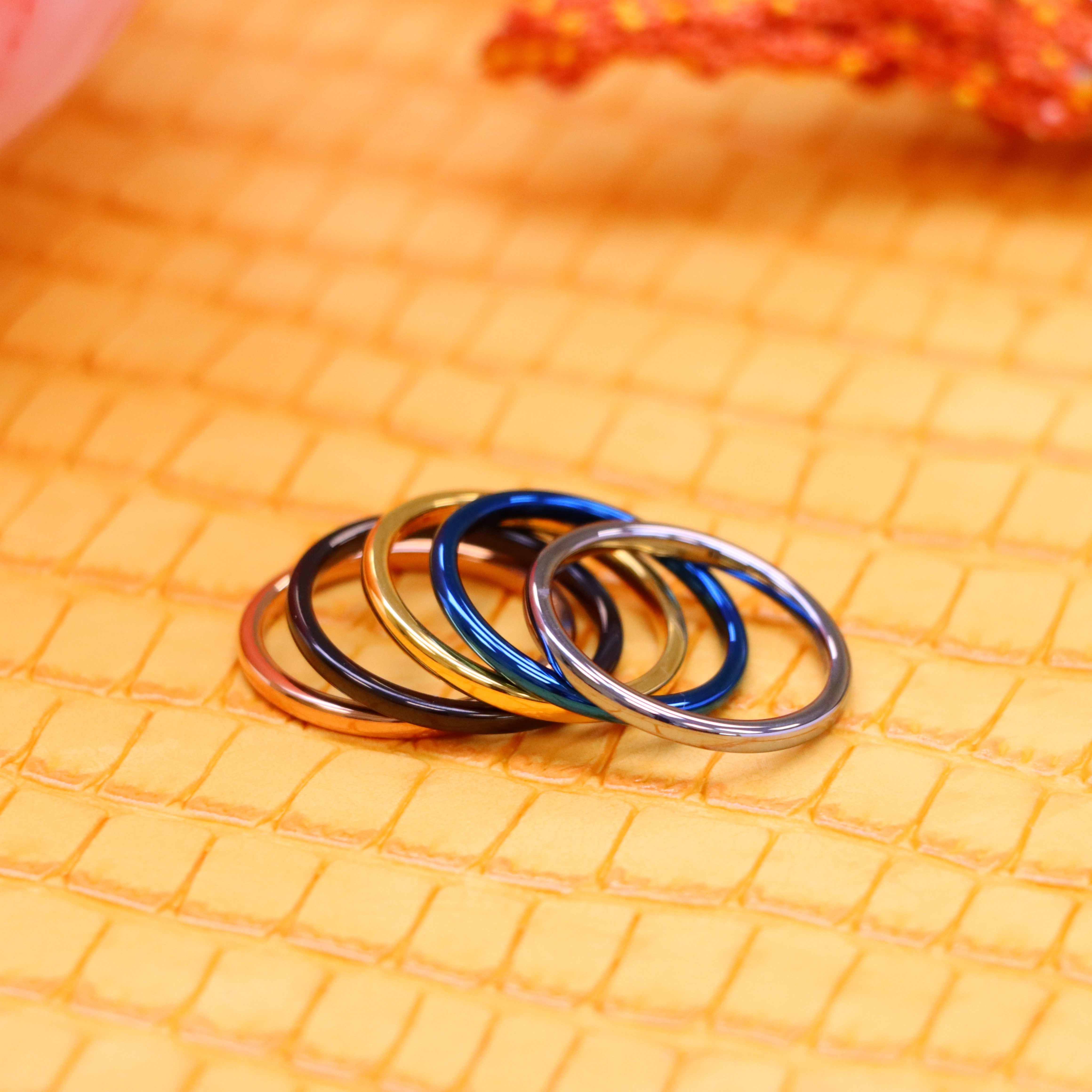 2mm High Polish Blue/Silver/Yellow/Rose Gold/Black Thin multi color Tungsten Rings spreaded one on one front view