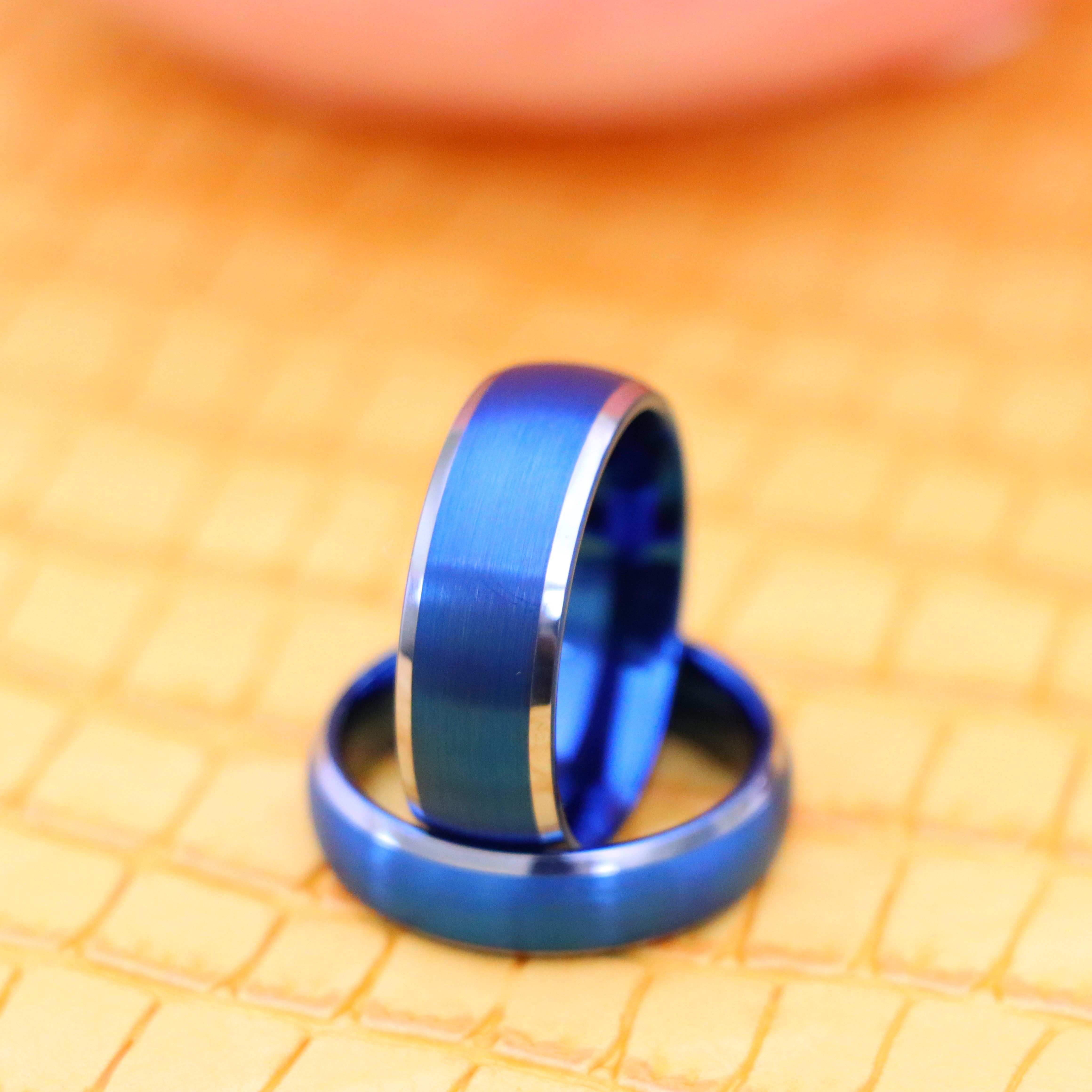 Blue IP Plated Domed Brushed Center High Polished Beveled Edge Tungsten Ring - Labhu USA
