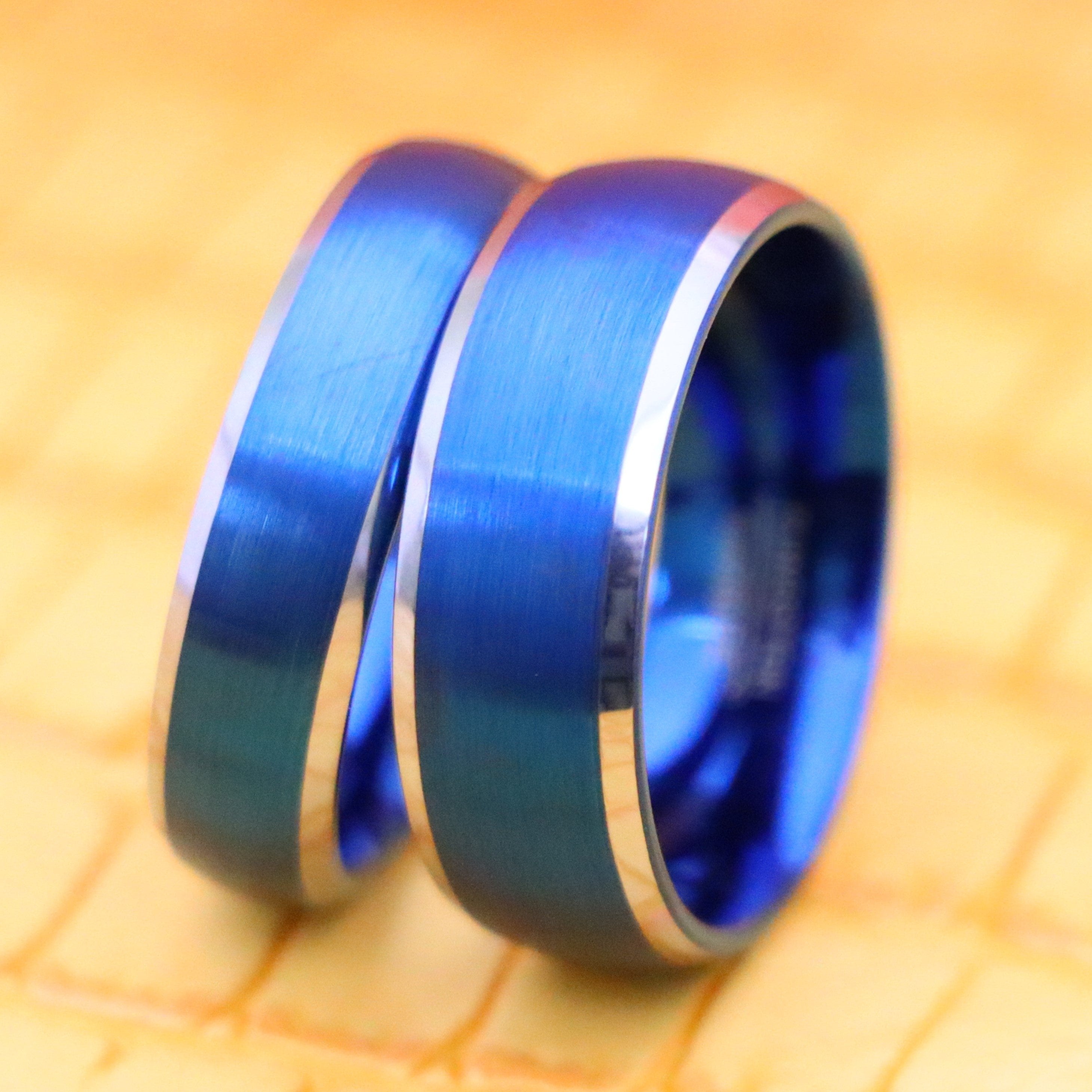 Blue IP Plated Domed Brushed Center High Polished Beveled Edge Tungsten Ring - Labhu USA