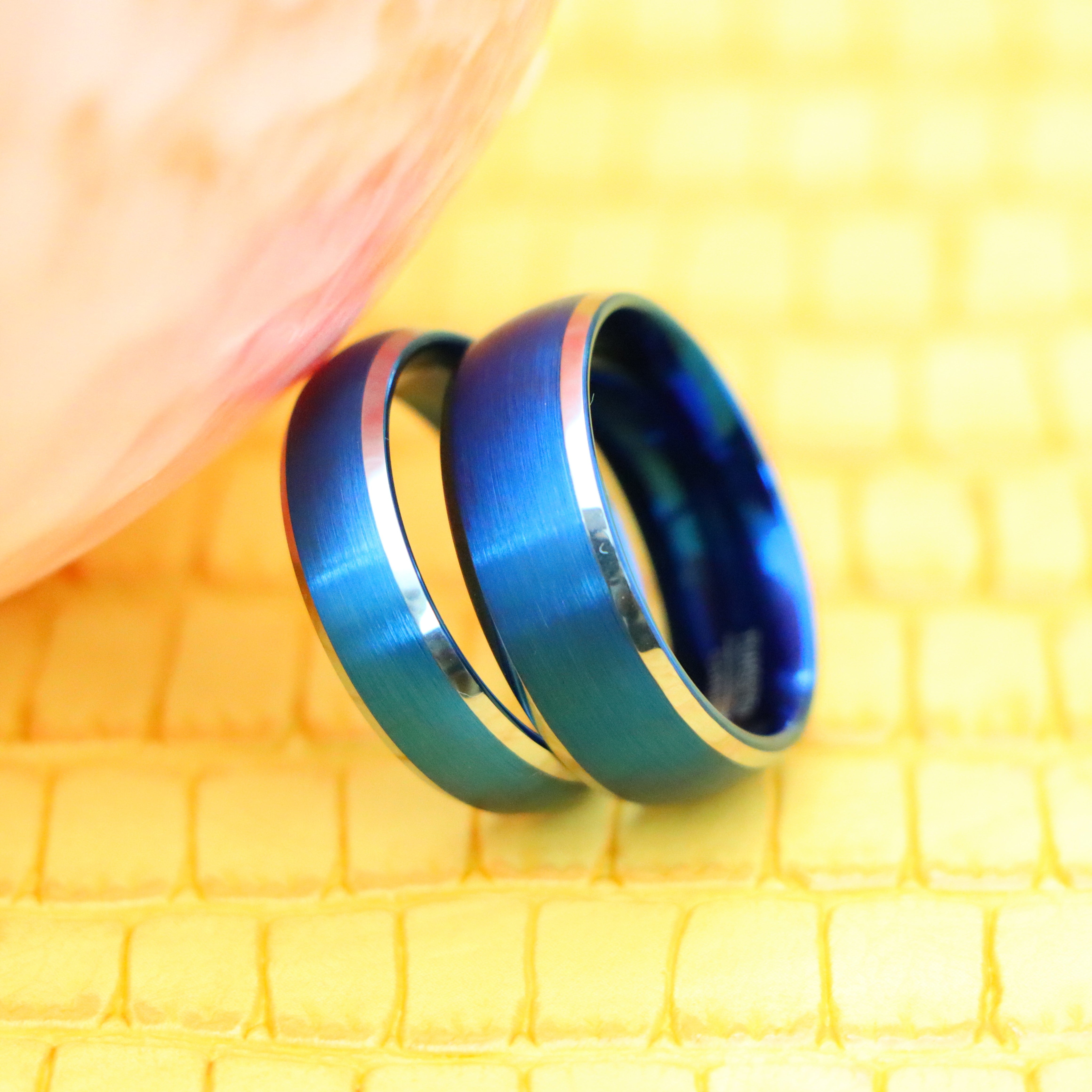 Blue IP Plated Domed Brushed Center High Polished Beveled Edge Tungsten Ring - Labhu USA