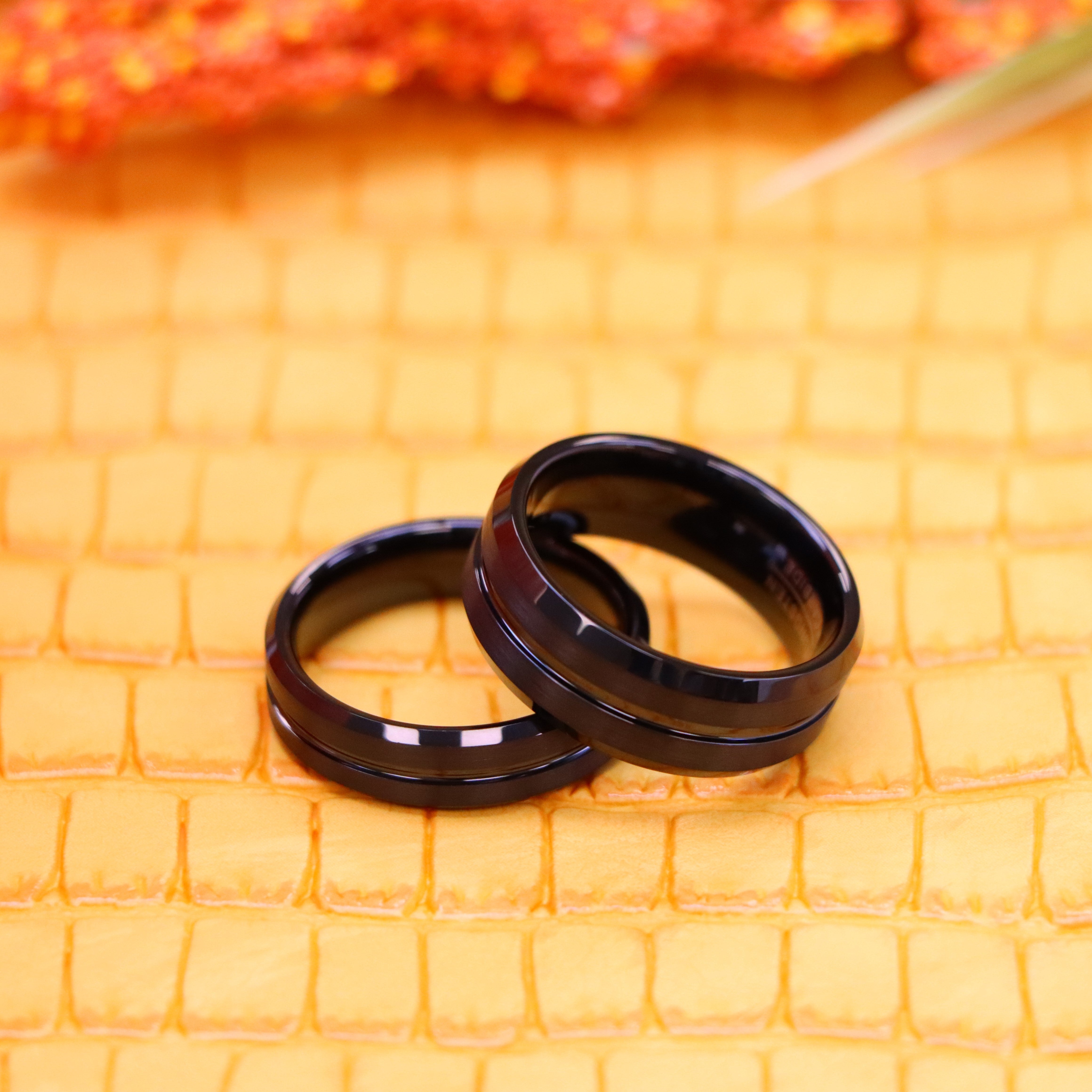 Black IP Plated Shiny Grooved Center Brushed Beveled Edge Tungsten Ring - Labhu USA