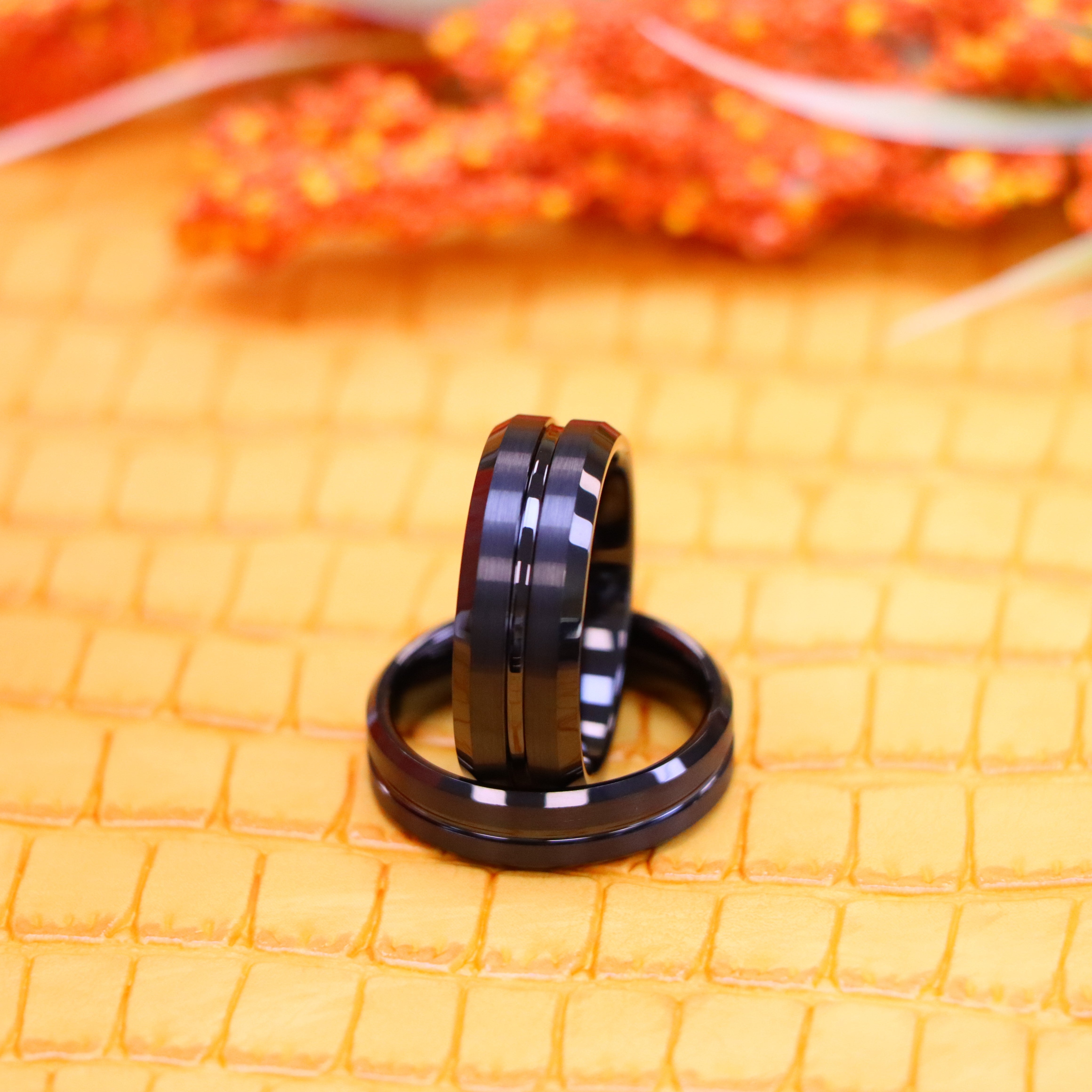 Black IP Plated Shiny Grooved Center Brushed Beveled Edge Tungsten Ring - Labhu USA