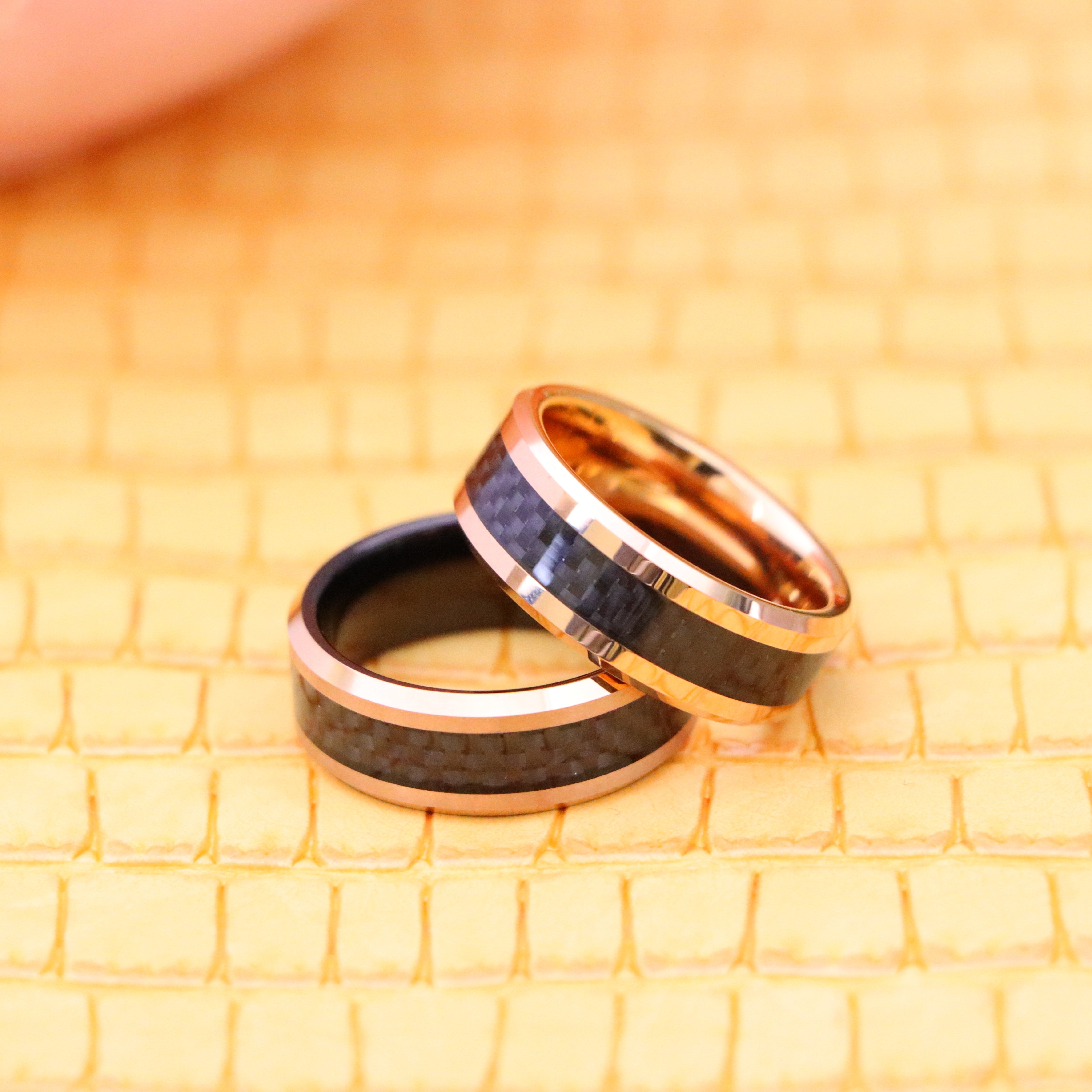 8mm High Polish Rose Gold Plated with Black Carbon Fiber Inlay & Beveled Edge Tungsten Ring - Labhu USA