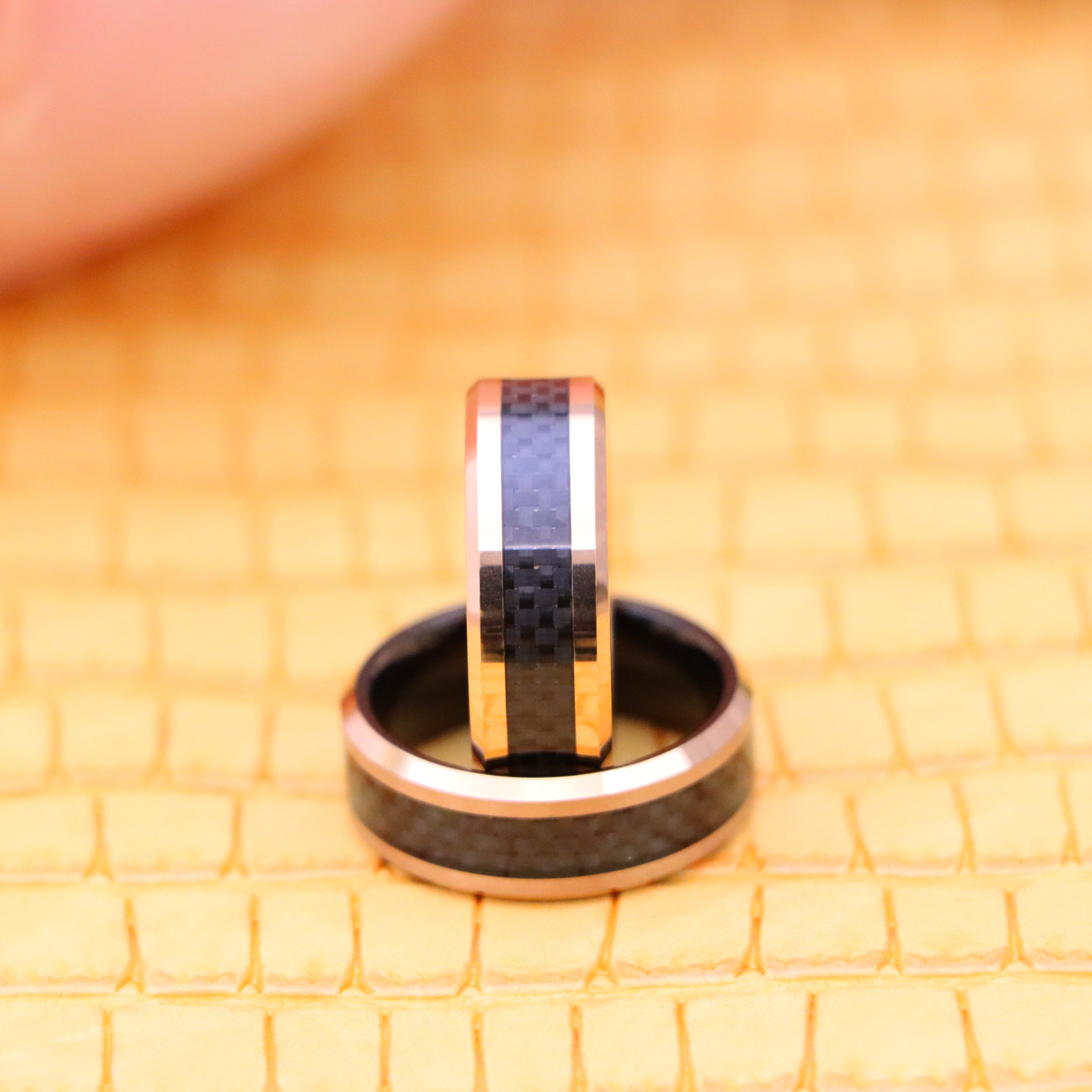 8mm High Polish Rose Gold Plated with Black Carbon Fiber Inlay & Beveled Edge Tungsten Ring - Labhu USA
