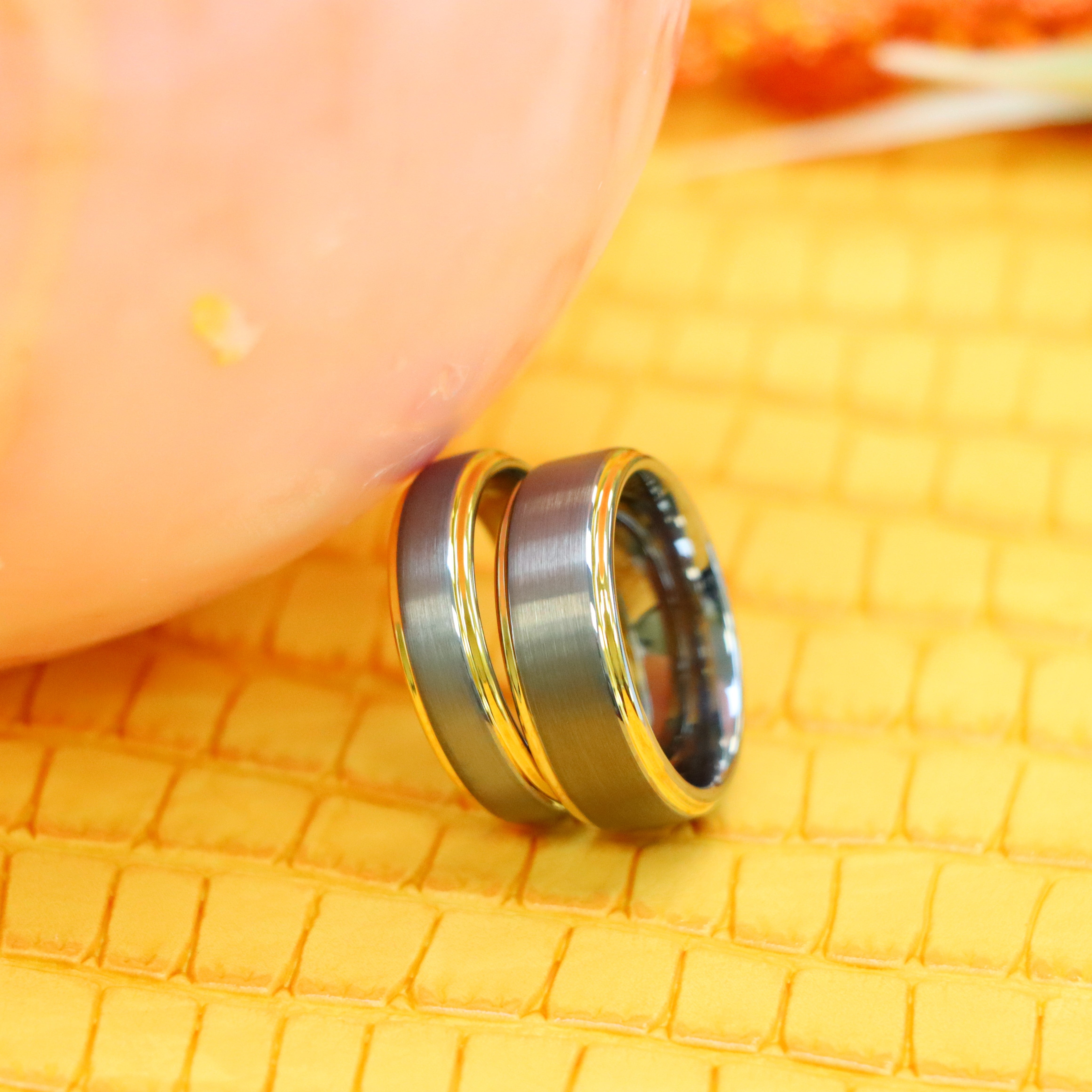 Brushed Center Yellow Gold Plated High Polish Stepped Edge Tungsten Ring - Labhu USA