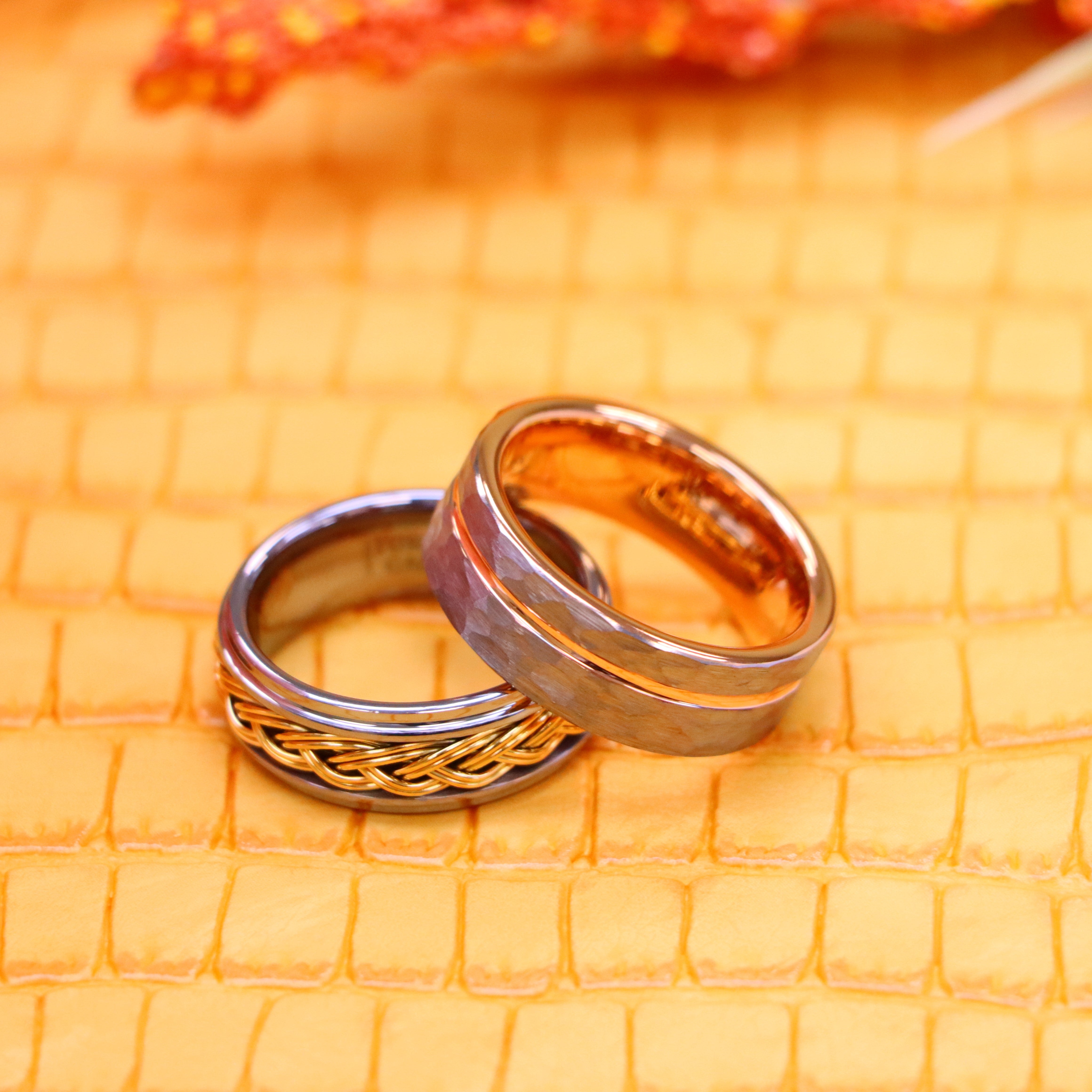 8mm Grooved Hammered Finish & Rose Gold IP Plated Inside Tungsten Ring Step Edge with Yellow Gold IP Plated Double Braid Inlay Tungsten Ring - Labhu USA