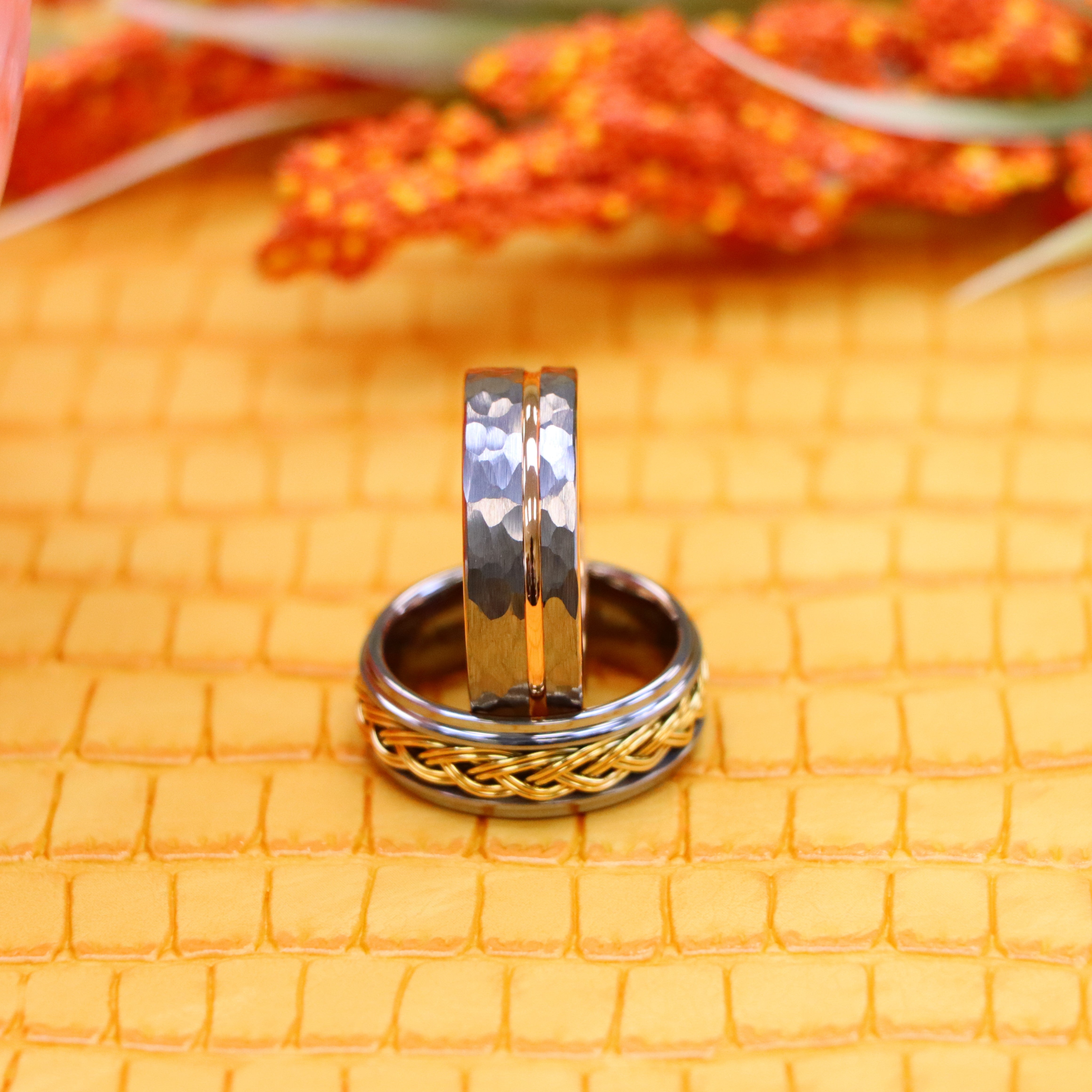 8mm Grooved Hammered Finish & Rose Gold IP Plated Inside Tungsten Ring Step Edge with Yellow Gold IP Plated Double Braid Inlay Tungsten Ring - Labhu USA