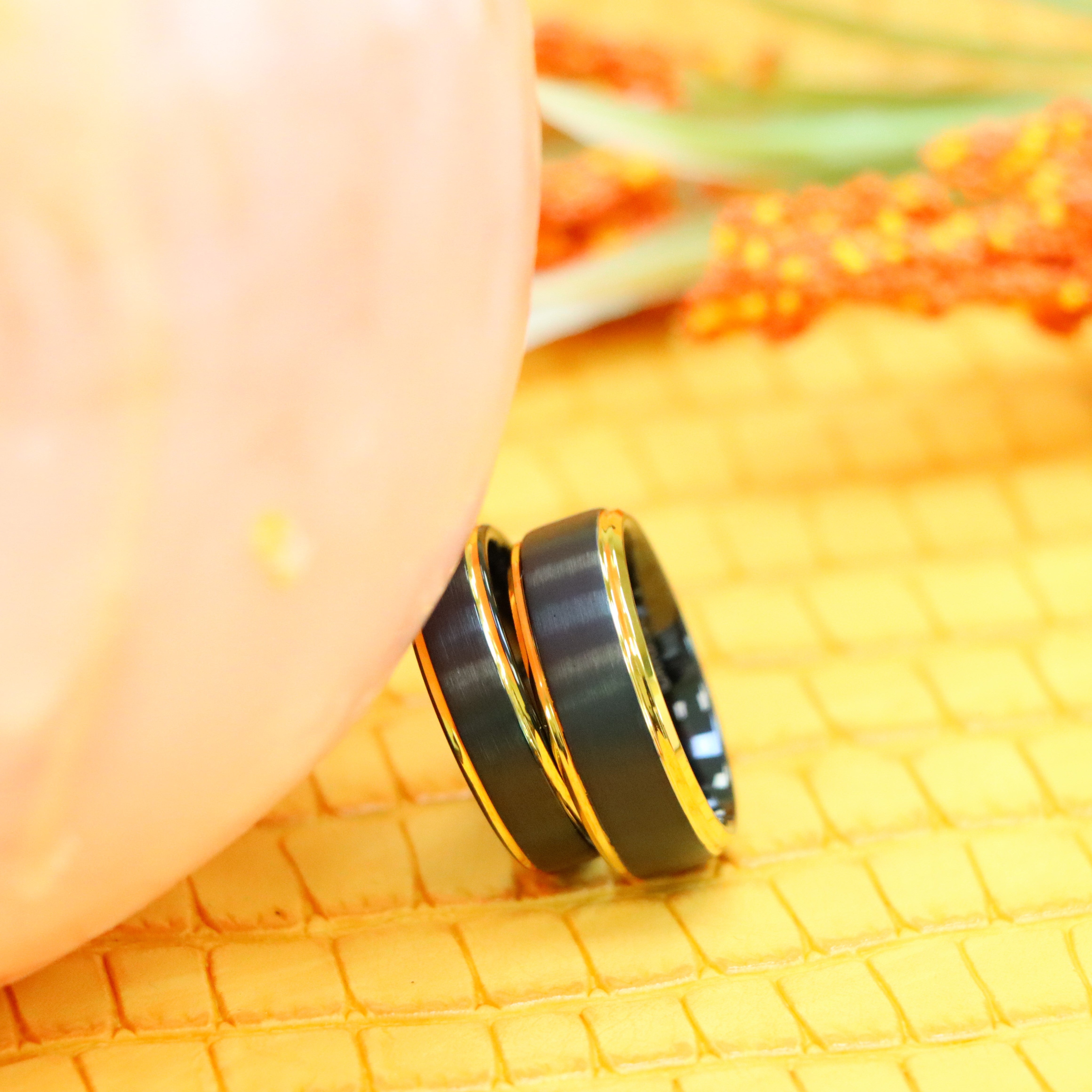 Black & Yellow Gold IP Brushed Center Step Edge Tungsten Ring - Labhu USA