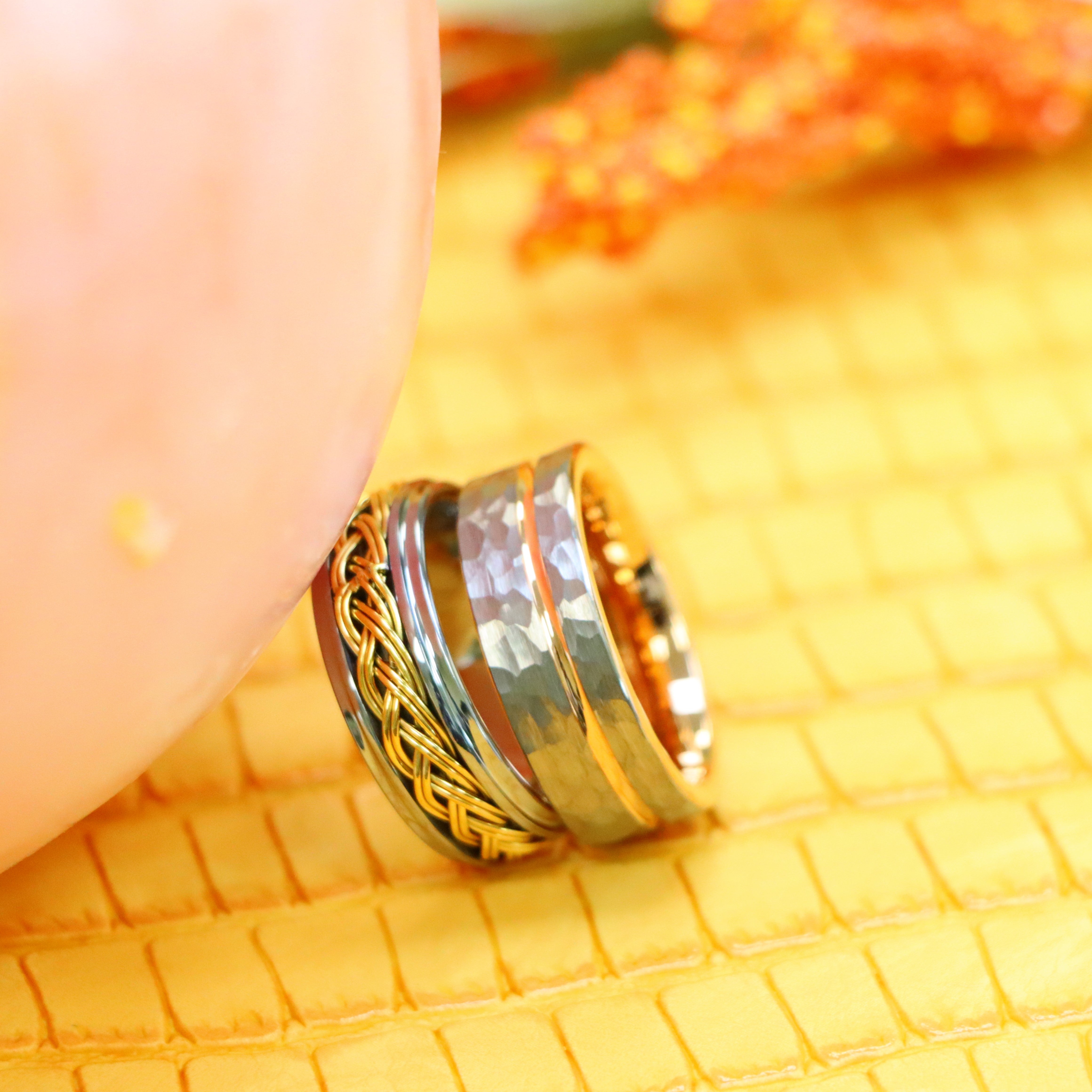 8mm Grooved Hammered Finish & Rose Gold IP Plated Inside Tungsten Ring Step Edge with Yellow Gold IP Plated Double Braid Inlay Tungsten Ring - Labhu USA