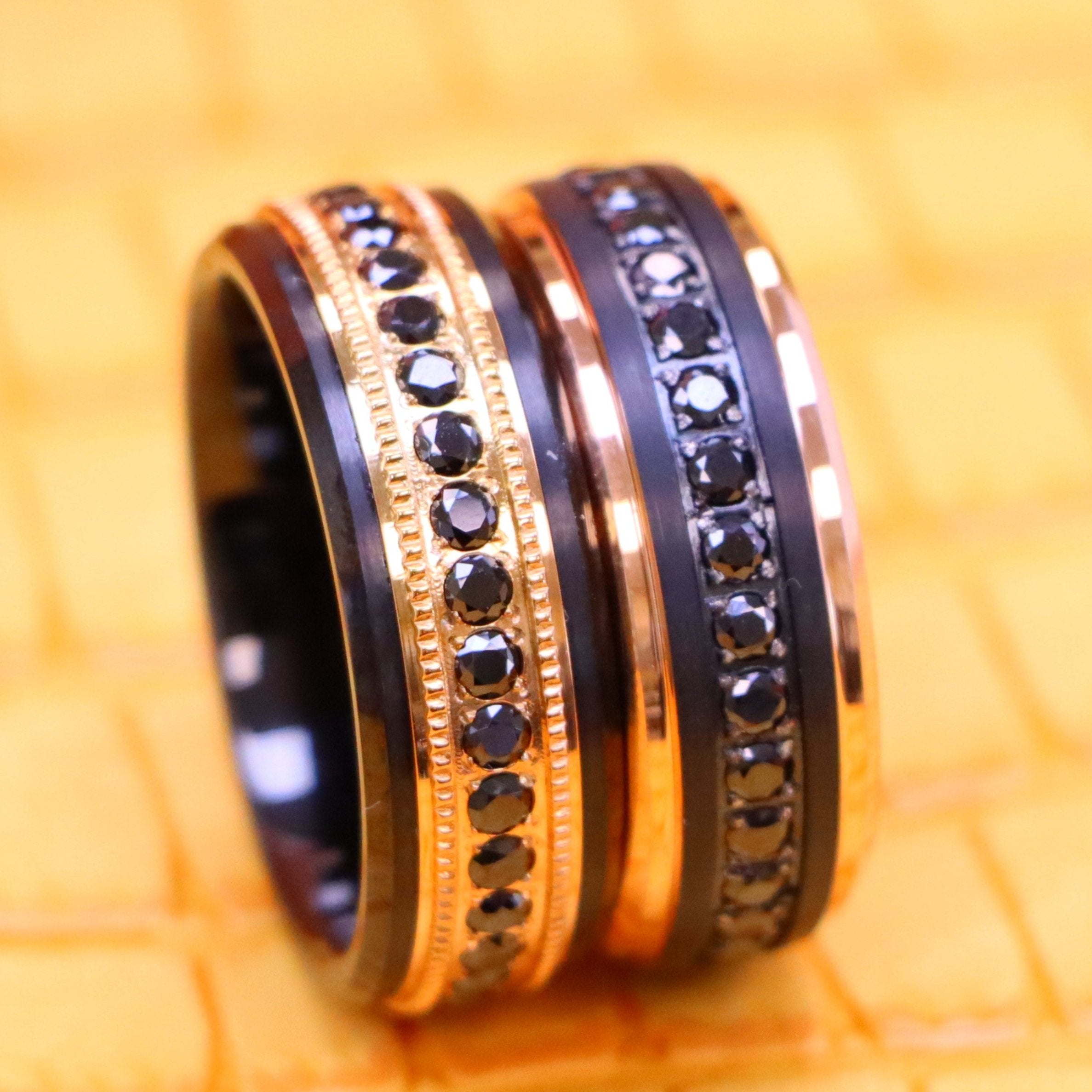 8mm Black & Rose Gold IP Plated Milgrain Black CZ Round Cut Eternity Tungsten Rings - Clear front view