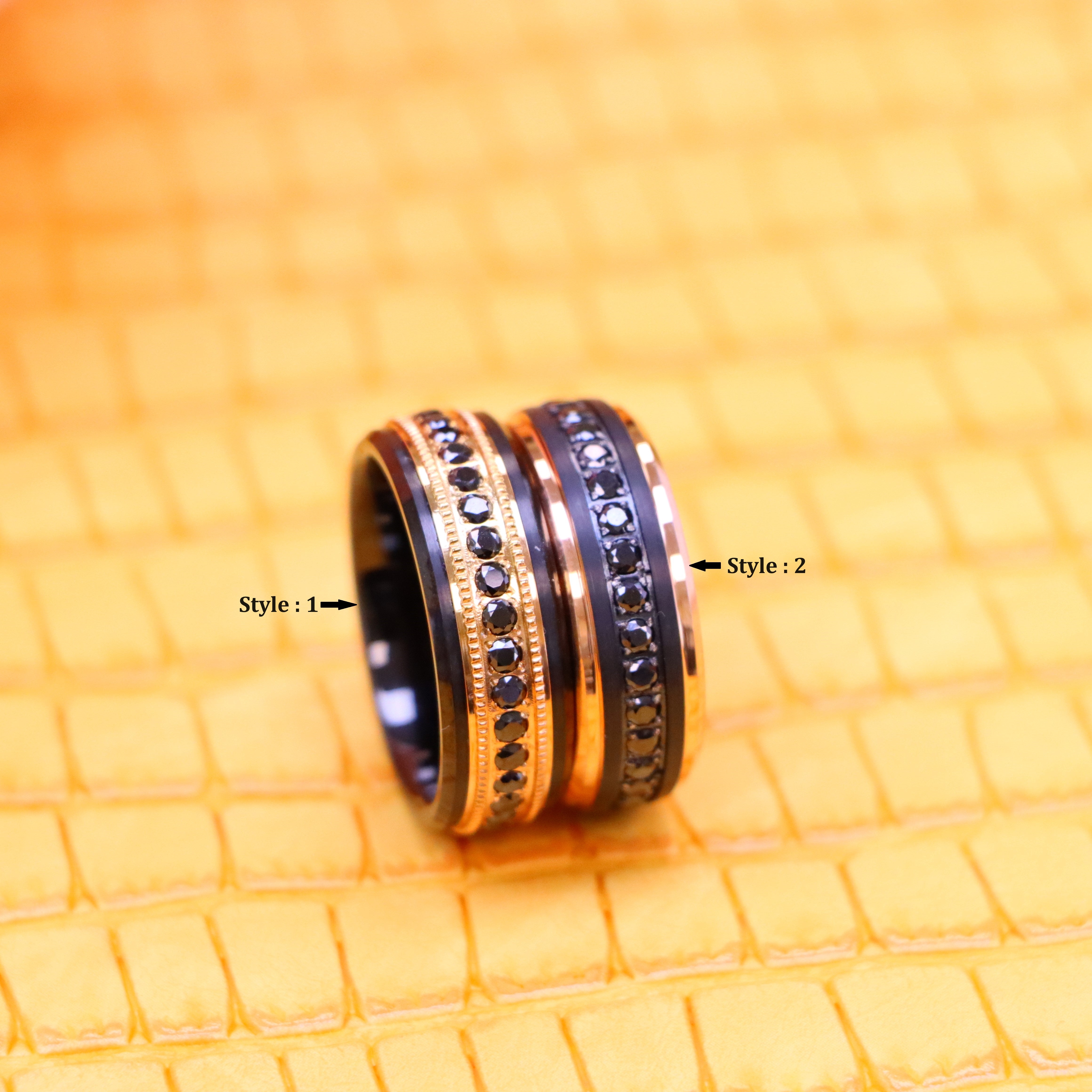 8mm Black & Rose Gold IP Plated Milgrain Black CZ Round Cut Eternity Tungsten Rings - front view with tags