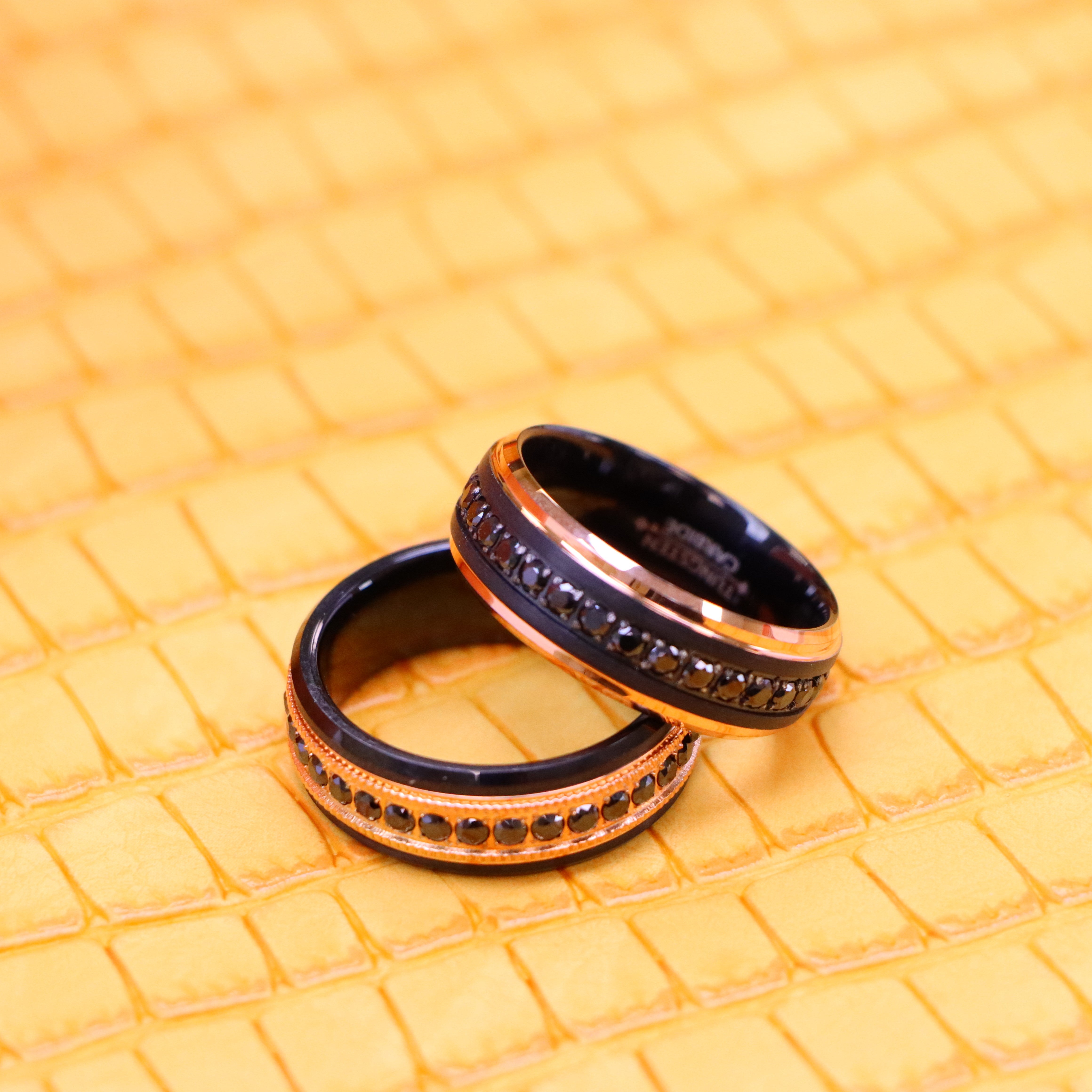 8mm Black & Rose Gold IP Plated Milgrain Black CZ Round Cut Eternity Tungsten Rings - one on one spreaded view