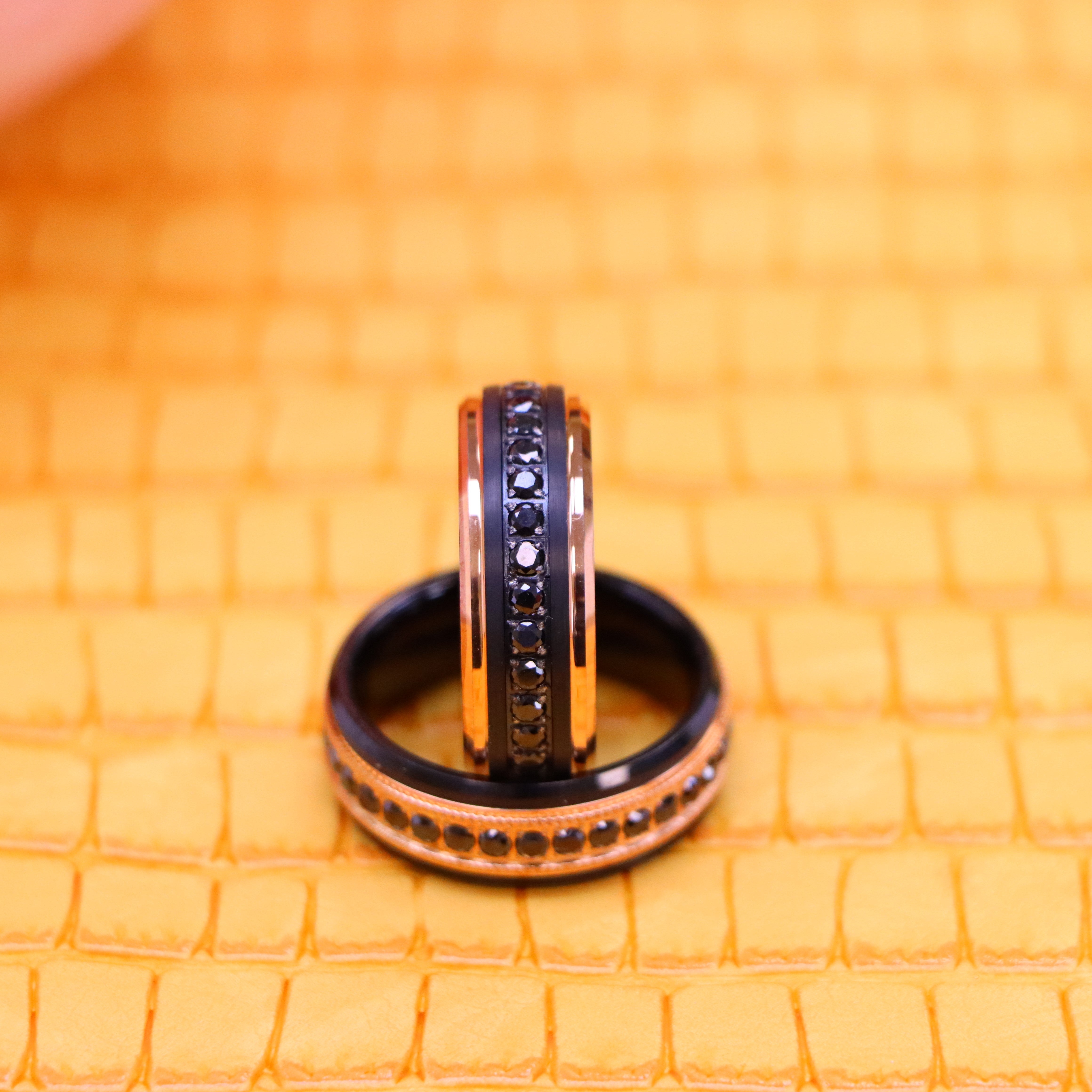8mm Black & Rose Gold IP Plated Milgrain Black CZ Round Cut Eternity Tungsten Rings - product image view