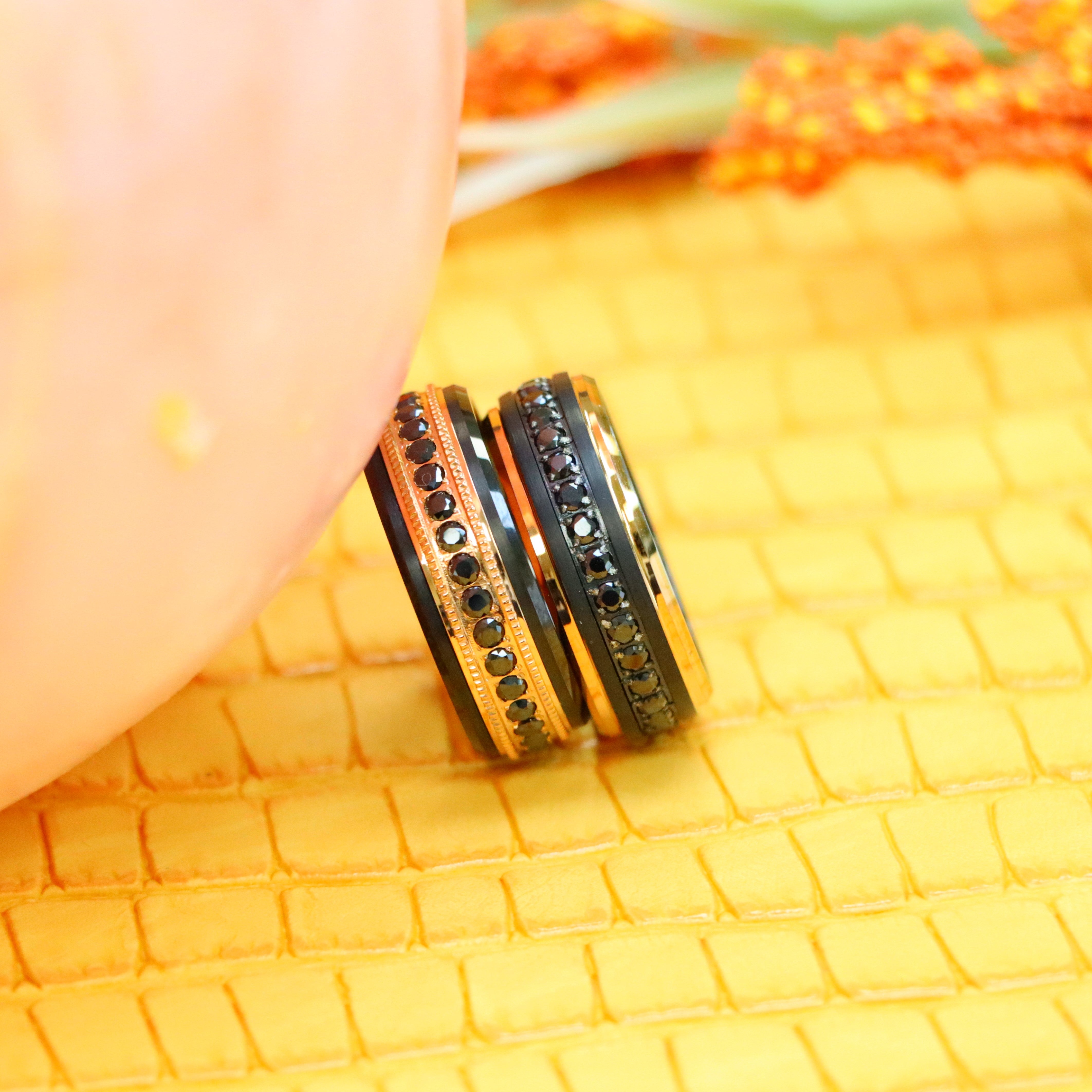 8mm Black & Rose Gold IP Plated Milgrain Black CZ Round Cut Eternity Tungsten Rings - one on one falling front view
