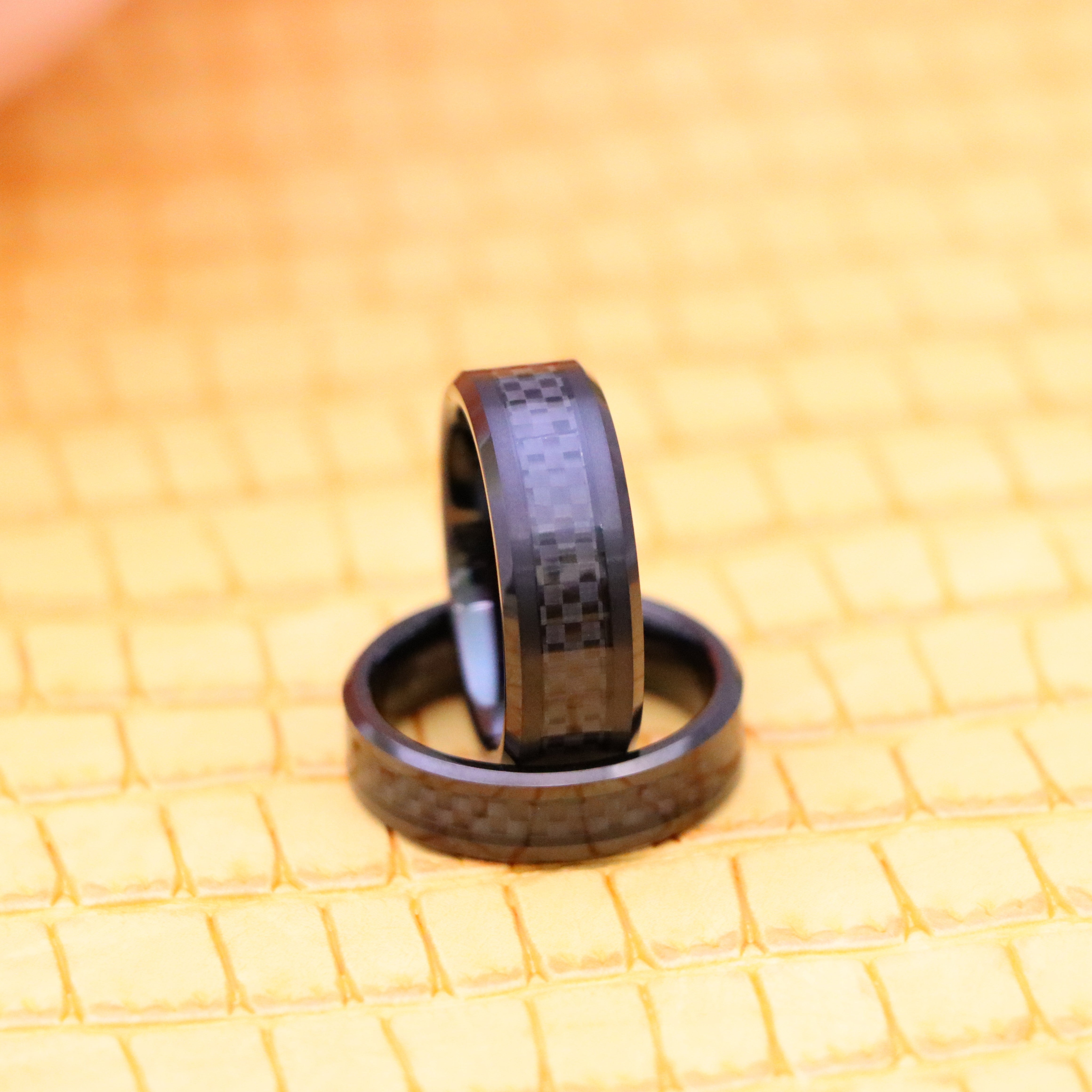 Black IP Plated with Black Carbon Fiber Inlay Beveled Edge Tungsten Ring - Labhu USA