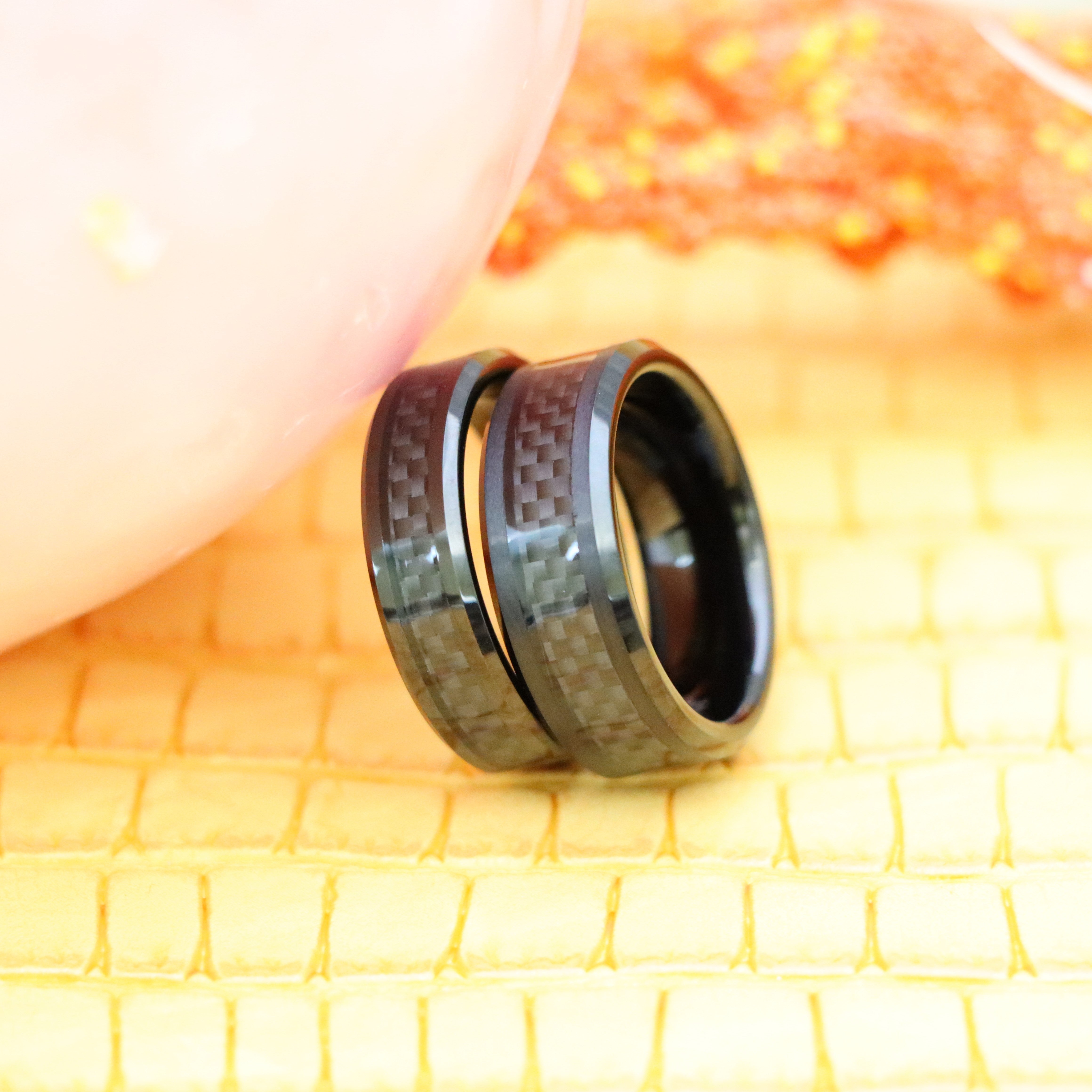 Black IP Plated with Black Carbon Fiber Inlay Beveled Edge Tungsten Ring - Labhu USA