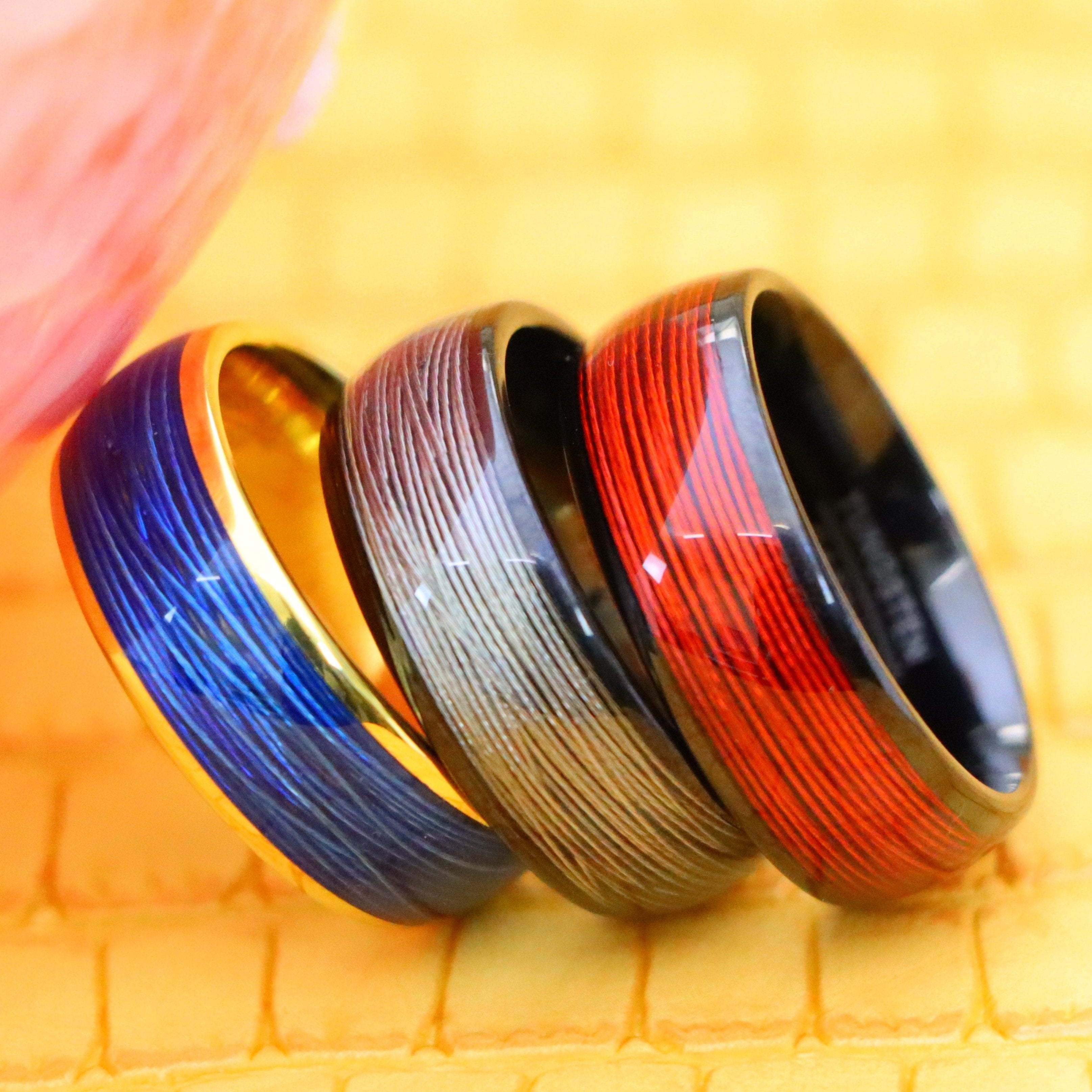 8mm Domed Yellow IP Plated Rolled Blue/White/Red Wire Inlay Tungsten Ring - Labhu USA