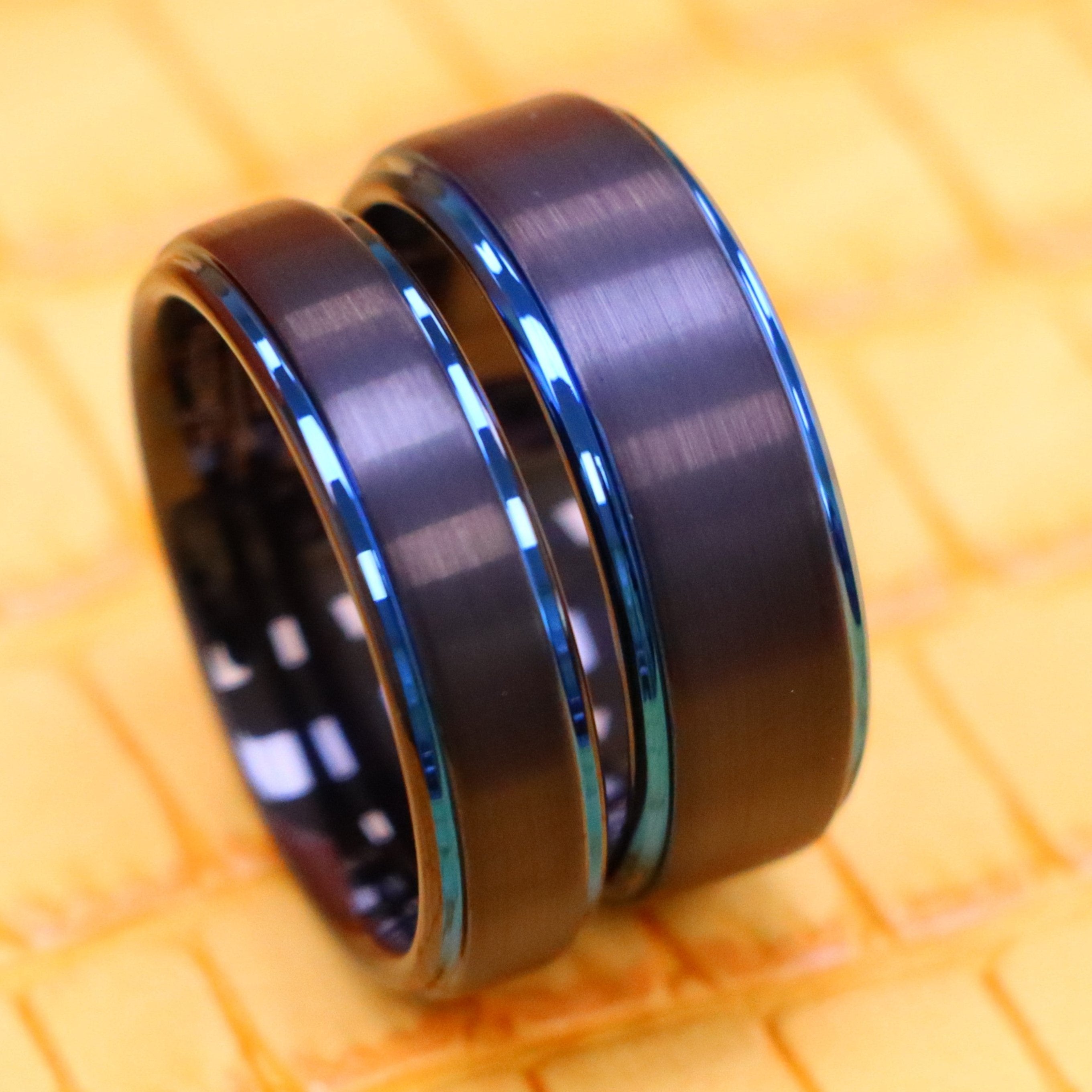 Black Outside Blue Inside IP Plated Brushed Center Stepped Edge Tungsten Ring - Labhu USA