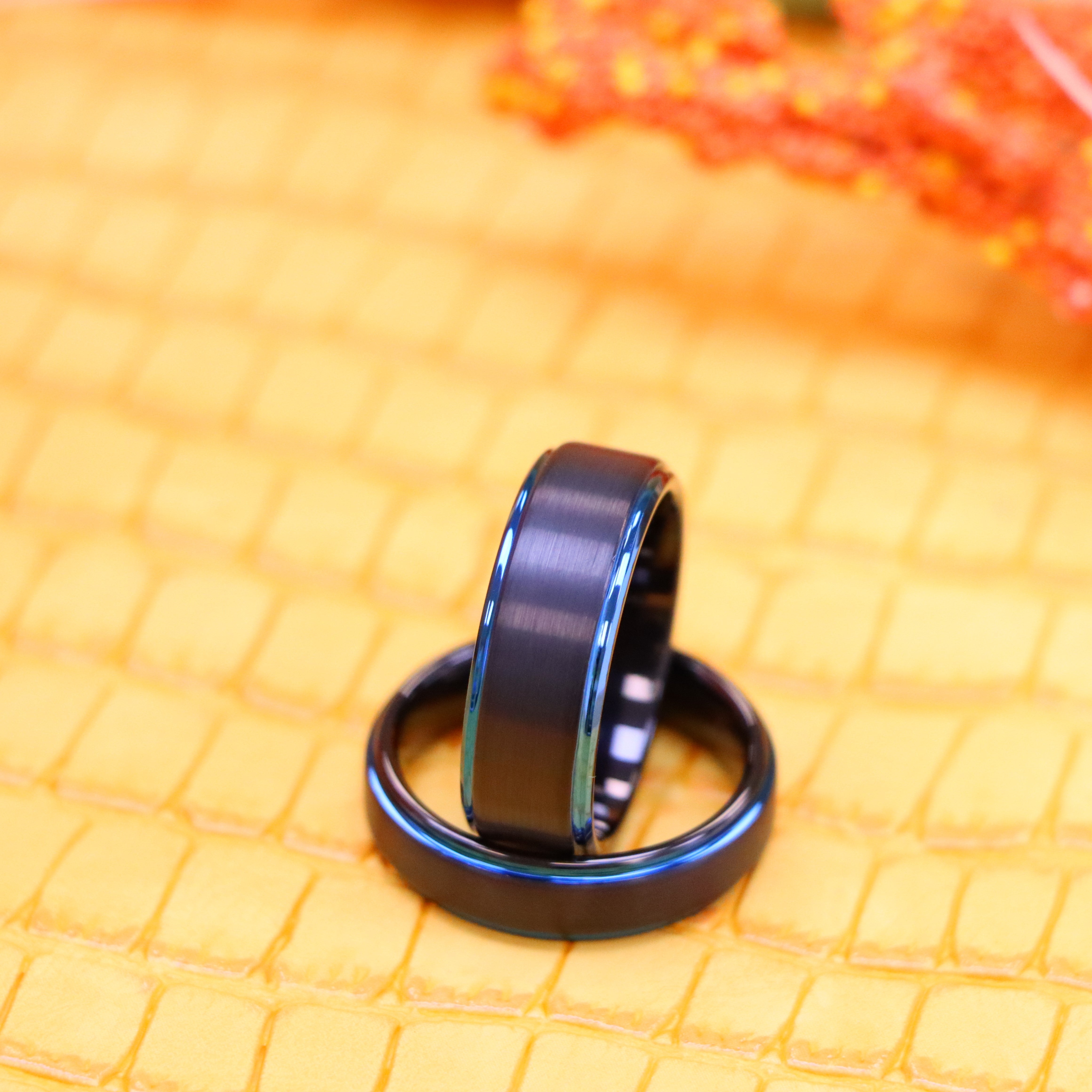 Black Outside Blue Inside IP Plated Brushed Center Stepped Edge Tungsten Ring - Labhu USA