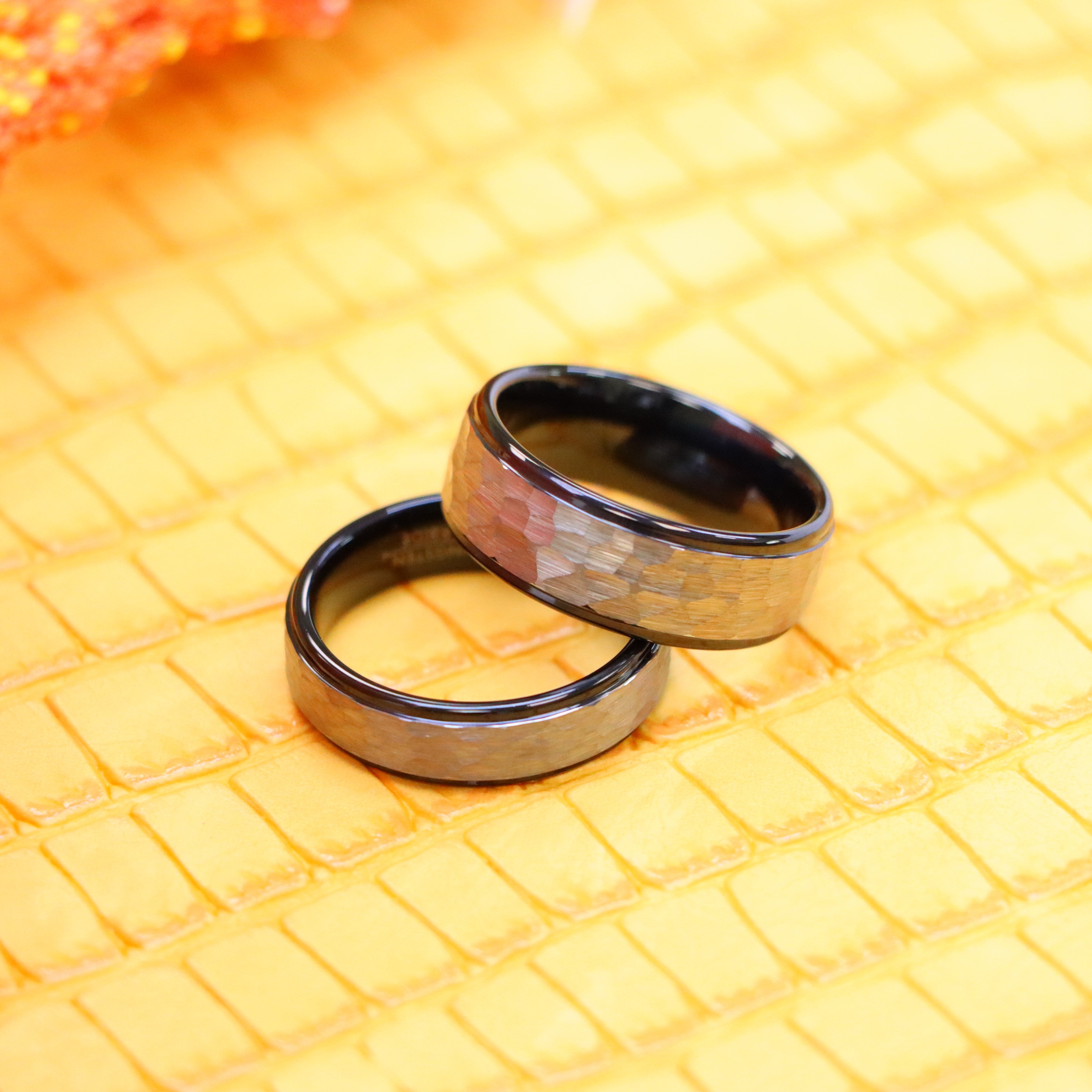 Two-Tone Hammered Gun Metal Brush Finish & Black IP Inner Ring Stepped Edge Tungsten Ring - Labhu USA