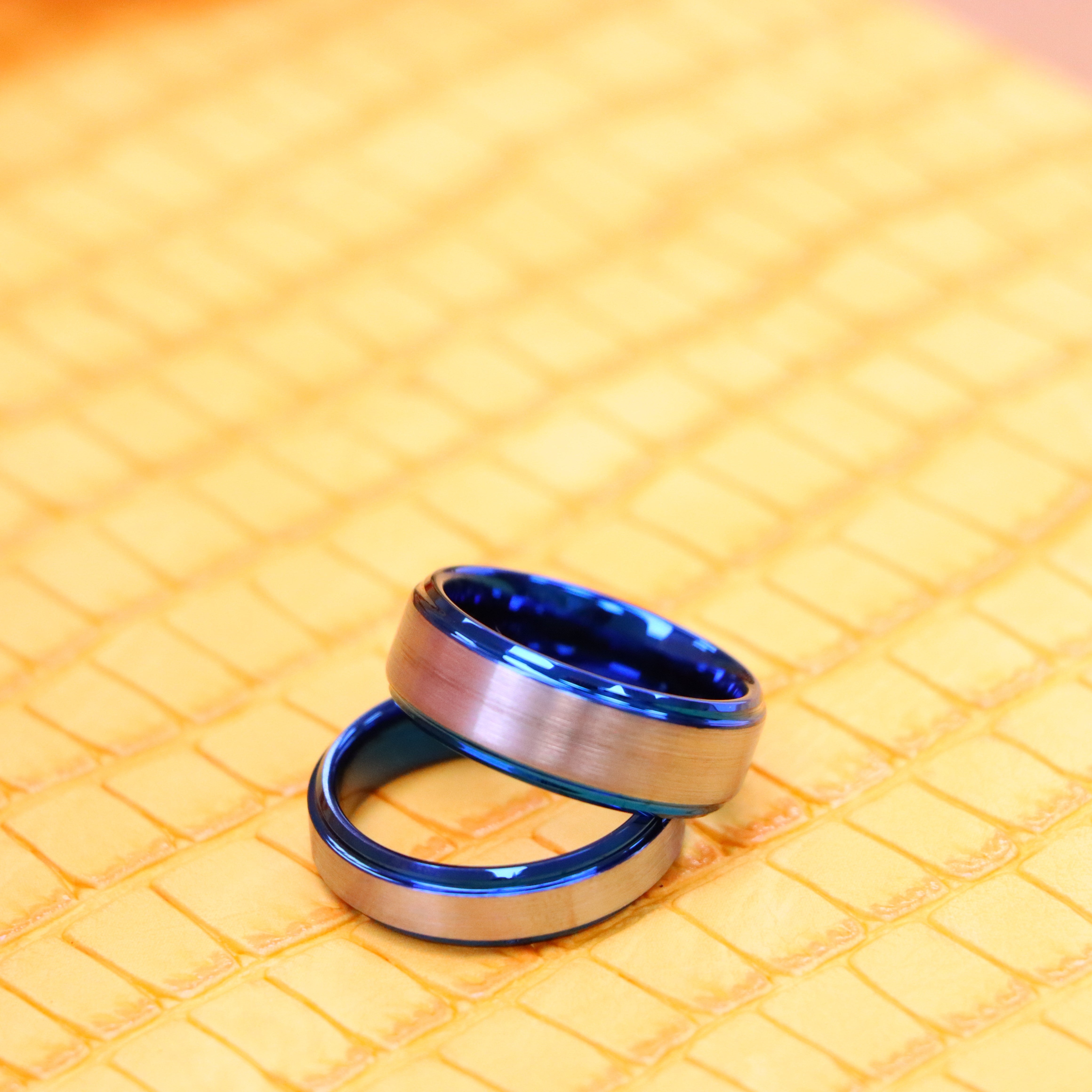 Blue IP Plated Beveled Edge & Gun Metal Brushed Finish Tungsten Ring - Labhu USA