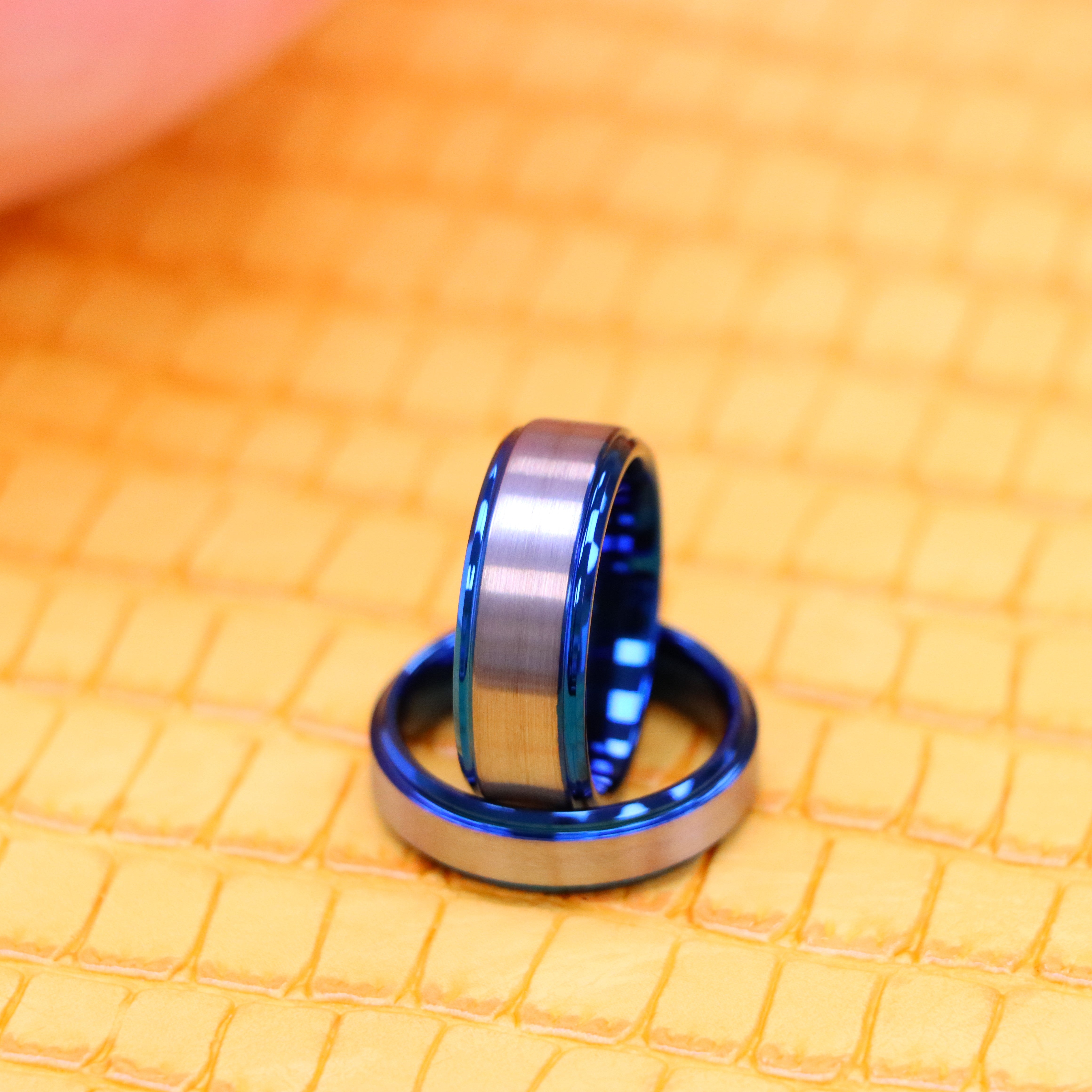 Blue IP Plated Beveled Edge & Gun Metal Brushed Finish Tungsten Ring - Labhu USA