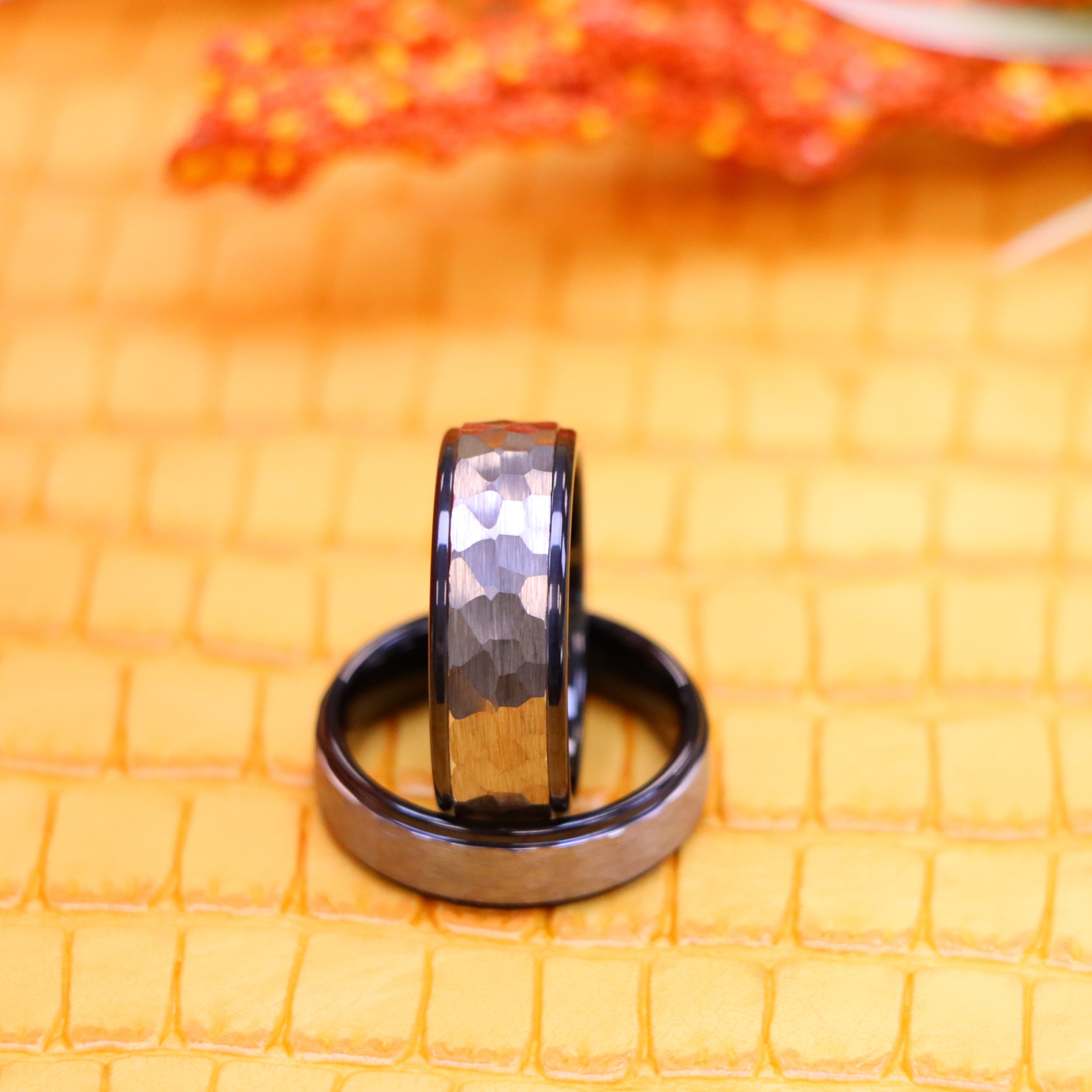 Two-Tone Hammered Gun Metal Brush Finish & Black IP Inner Ring Stepped Edge Tungsten Ring - Labhu USA