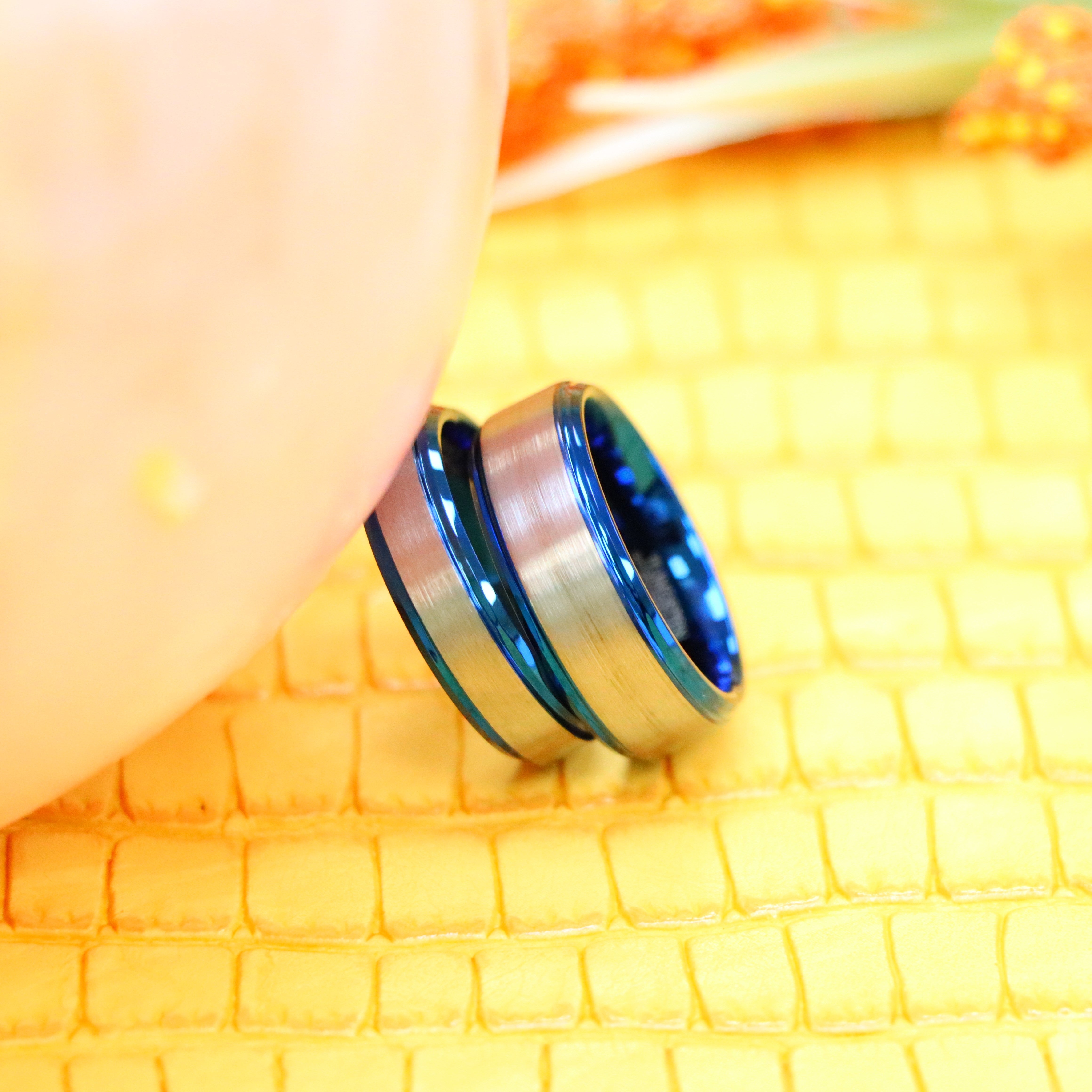 Blue IP Plated Beveled Edge & Gun Metal Brushed Finish Tungsten Ring - Labhu USA
