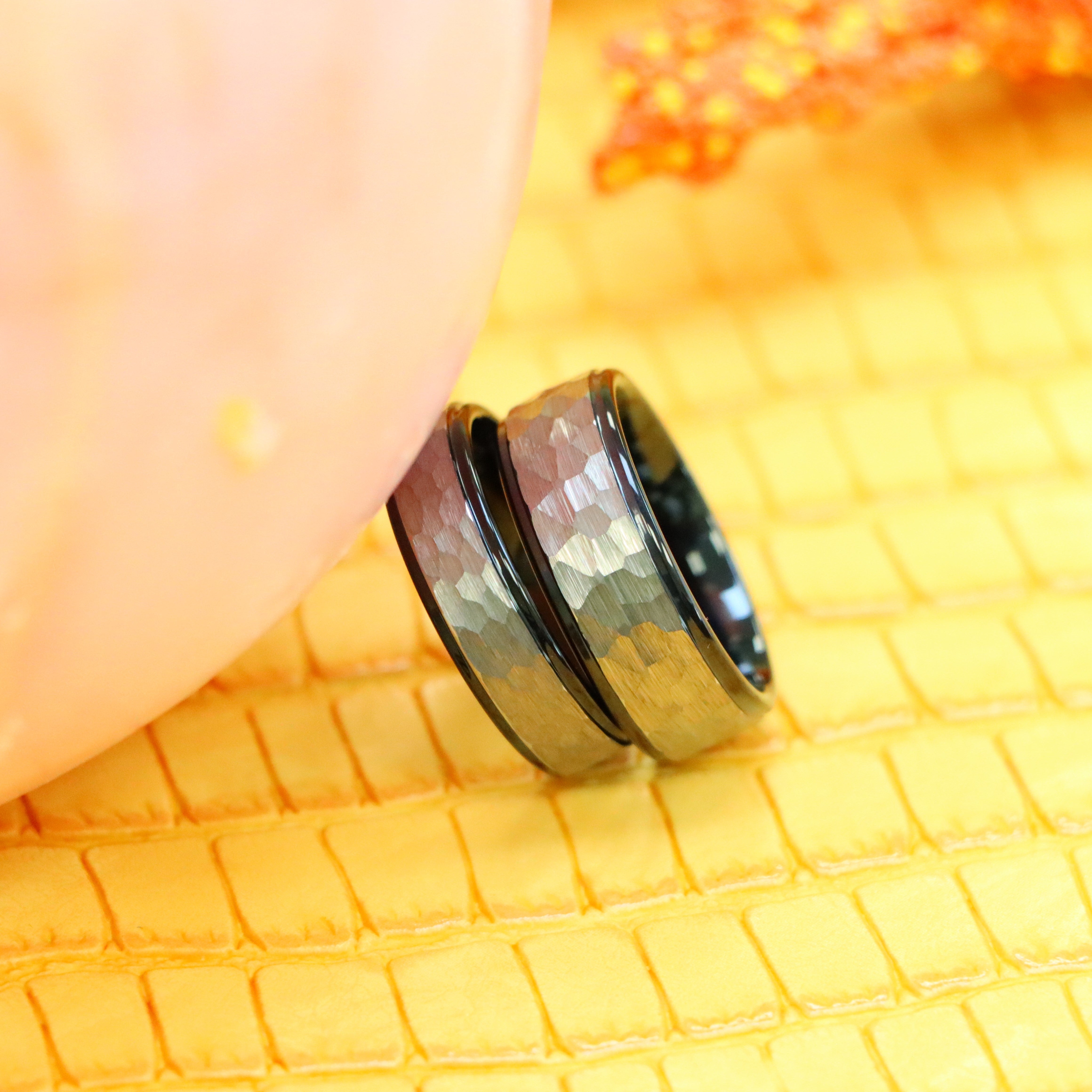 Two-Tone Hammered Gun Metal Brush Finish & Black IP Inner Ring Stepped Edge Tungsten Ring - Labhu USA