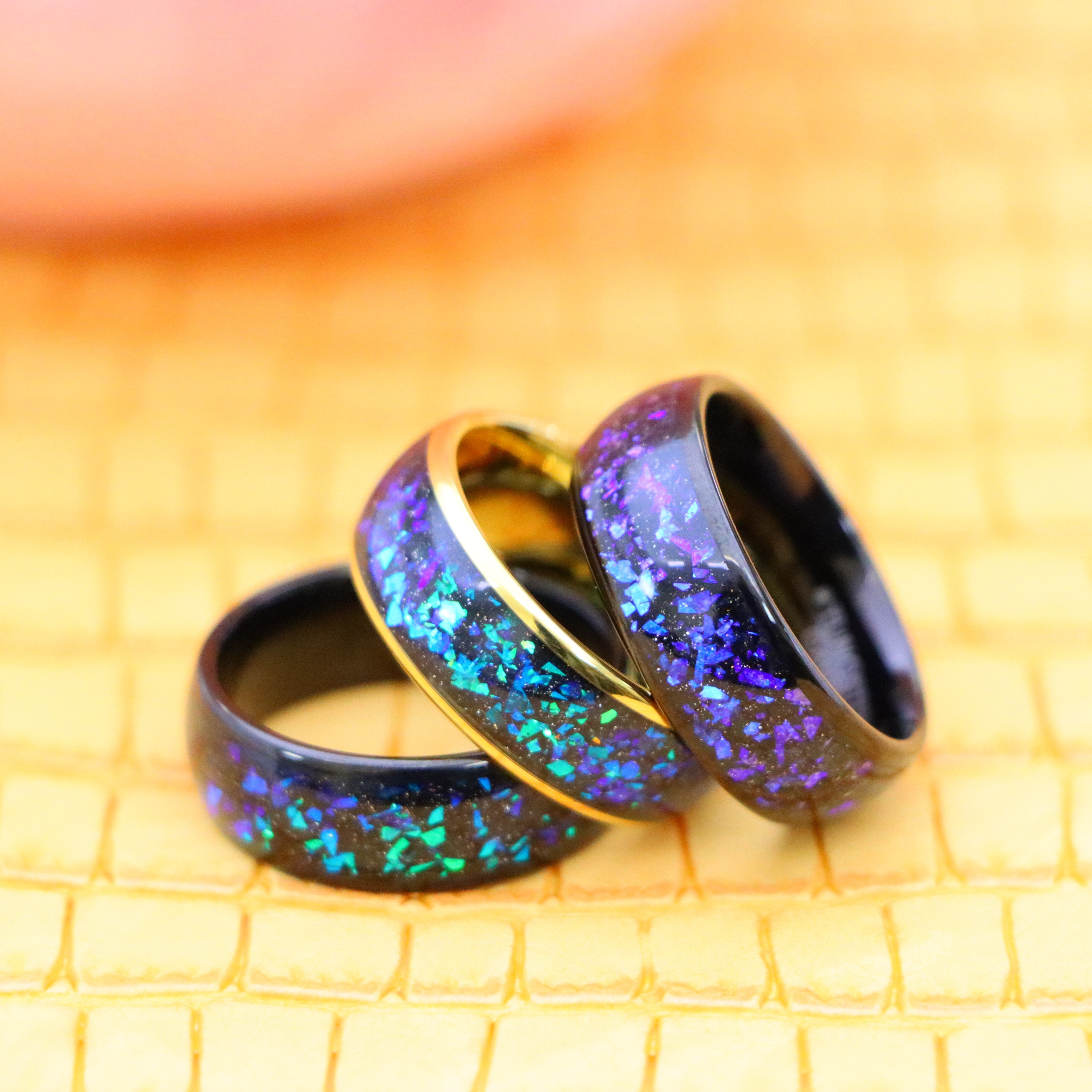 8mm Dome Yellow IP/Black Blue/Green Synthetic Opal & Abalone Fragments Tungsten Ring - Men's Tungsten Jewelry Labhu USA
