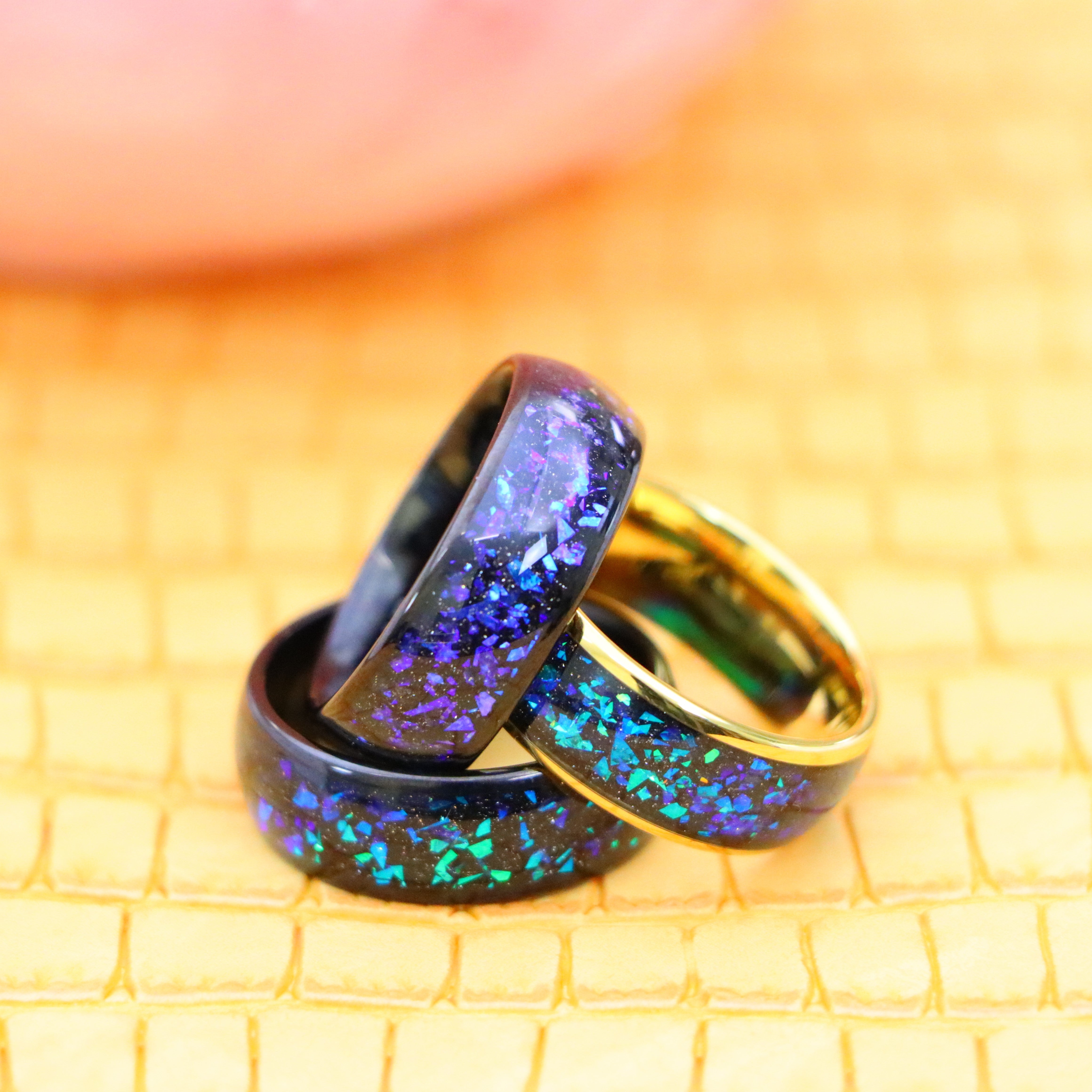 8mm Dome Yellow IP/Black Blue/Green Synthetic Opal & Abalone Fragments Tungsten Ring - Men's Tungsten Jewelry Labhu USA