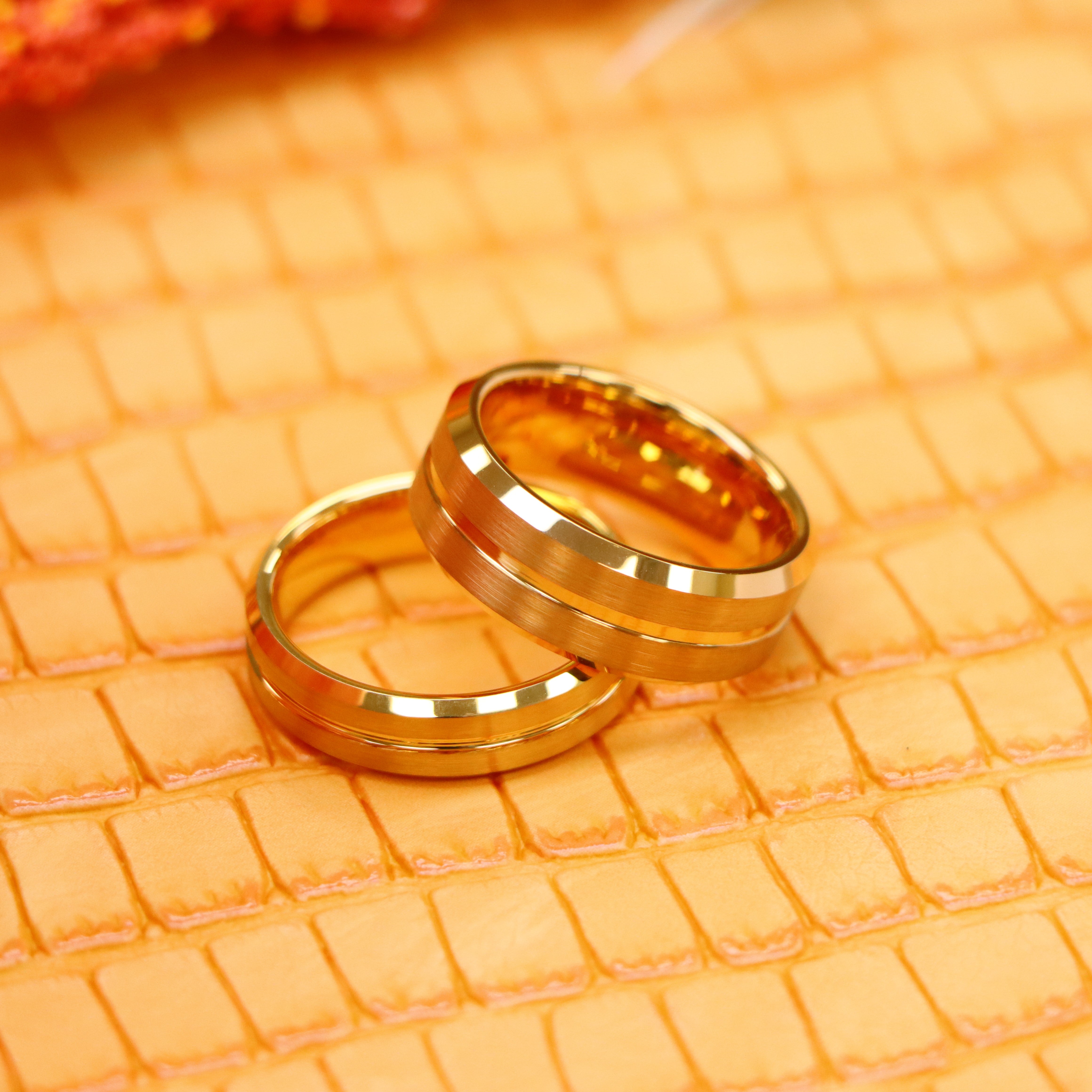 Yellow Gold IP Plated Grooved Center Brushed Beveled Edge Tungsten Ring - Labhu USA