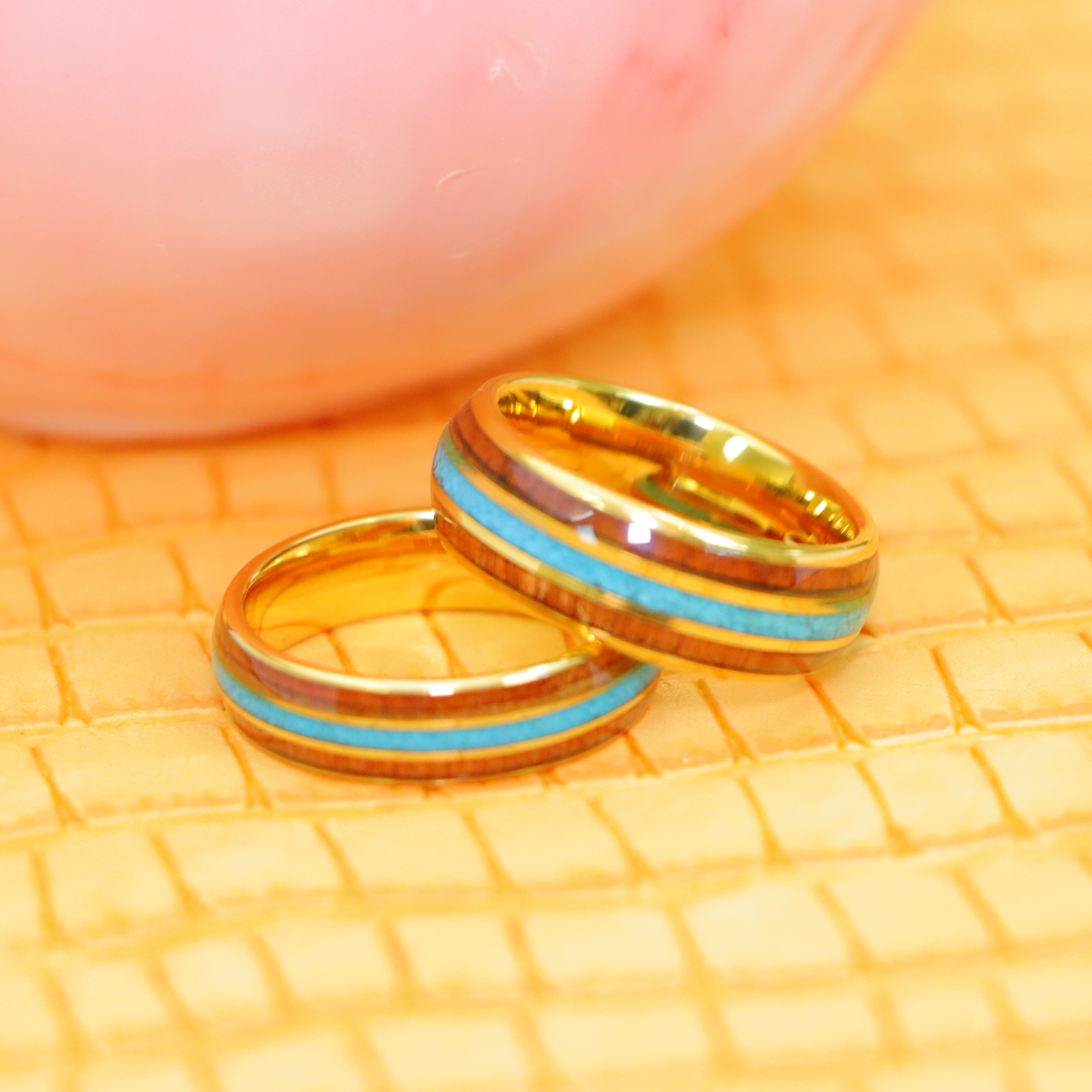 Yellow Gold IP Plated Tungsten Ring with Rosewood & Crushed Turquoise Inlay - Labhu USA