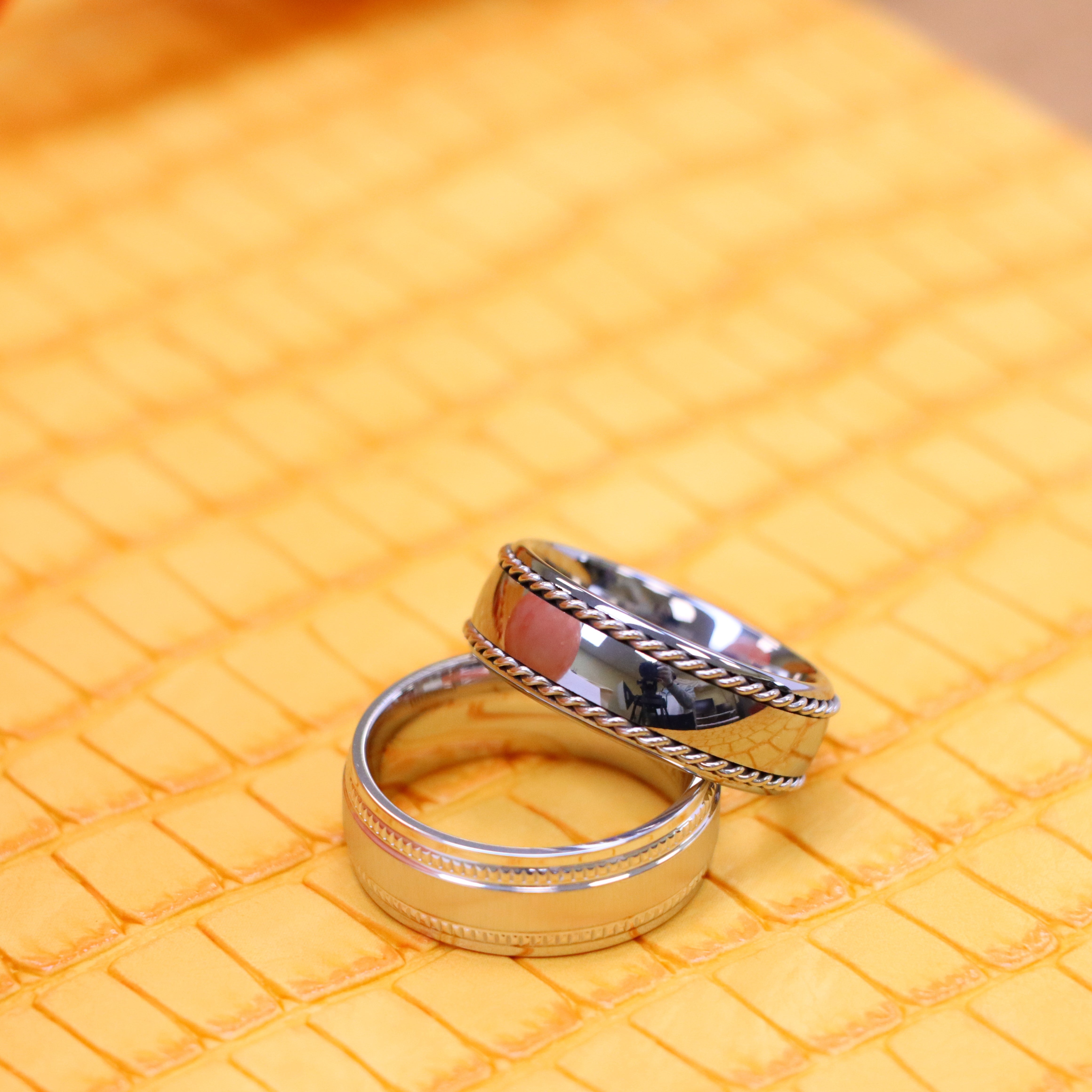 8mm White IP Plated Titanium Ring Satin Finish Center with Milgrain Stepped Edge Polished Semi-Domed with Rope Stainless Steel Inlay Sides Tungsten Ring - Labhu USA