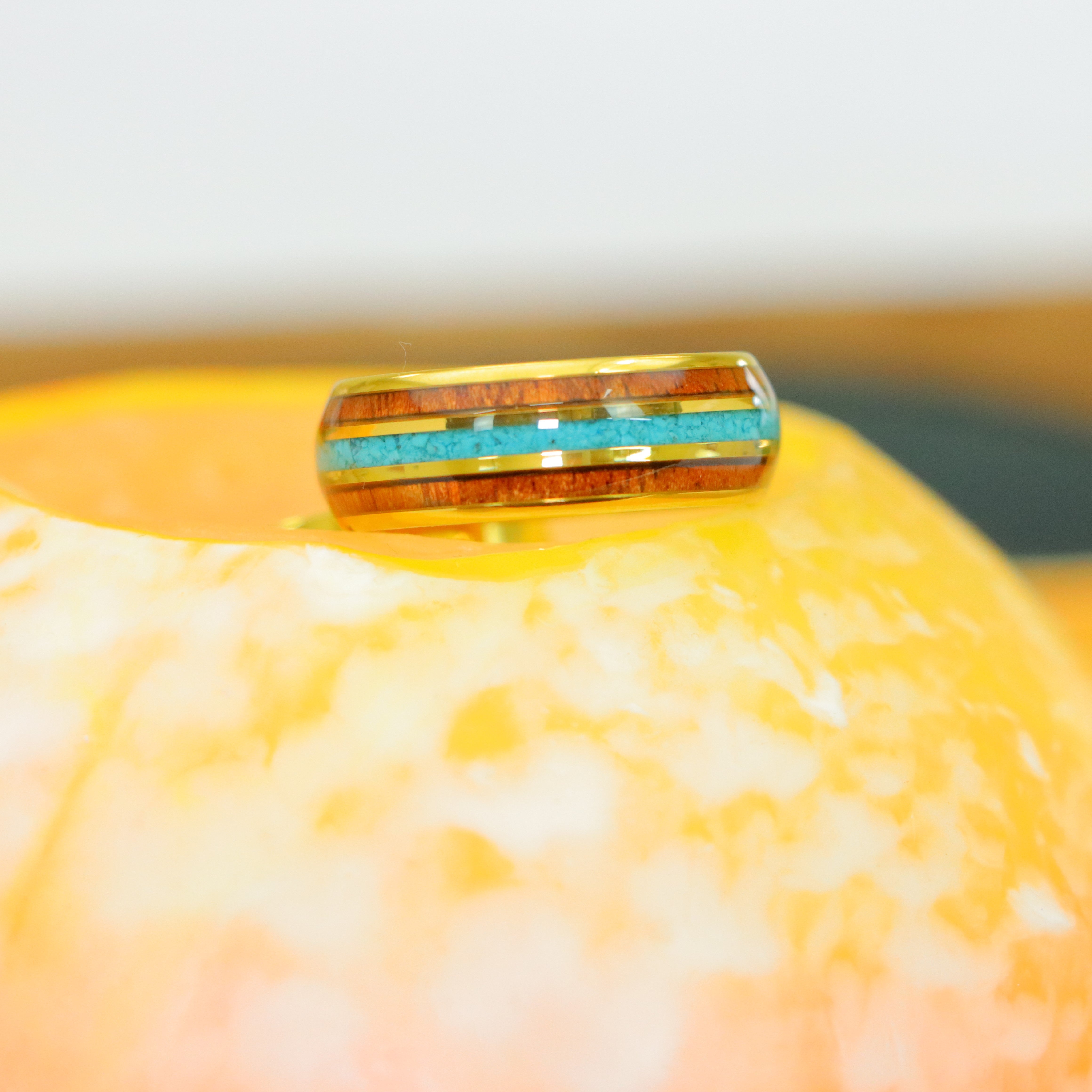 Yellow Gold IP Plated Tungsten Ring with Rosewood & Crushed Turquoise Inlay - Labhu USA