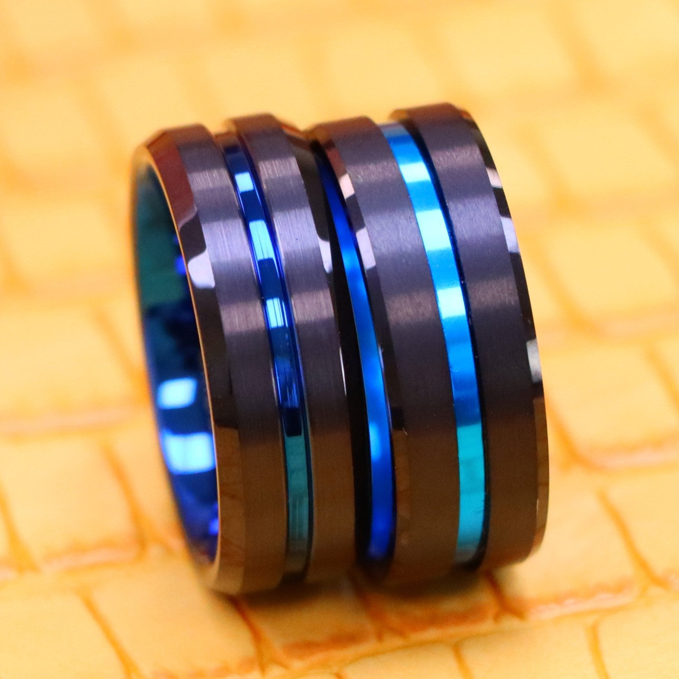 8mm Black Plated Grooved Center with Blue Anodized Aluminum Sleeve Tungsten Ring - Labhu USA
