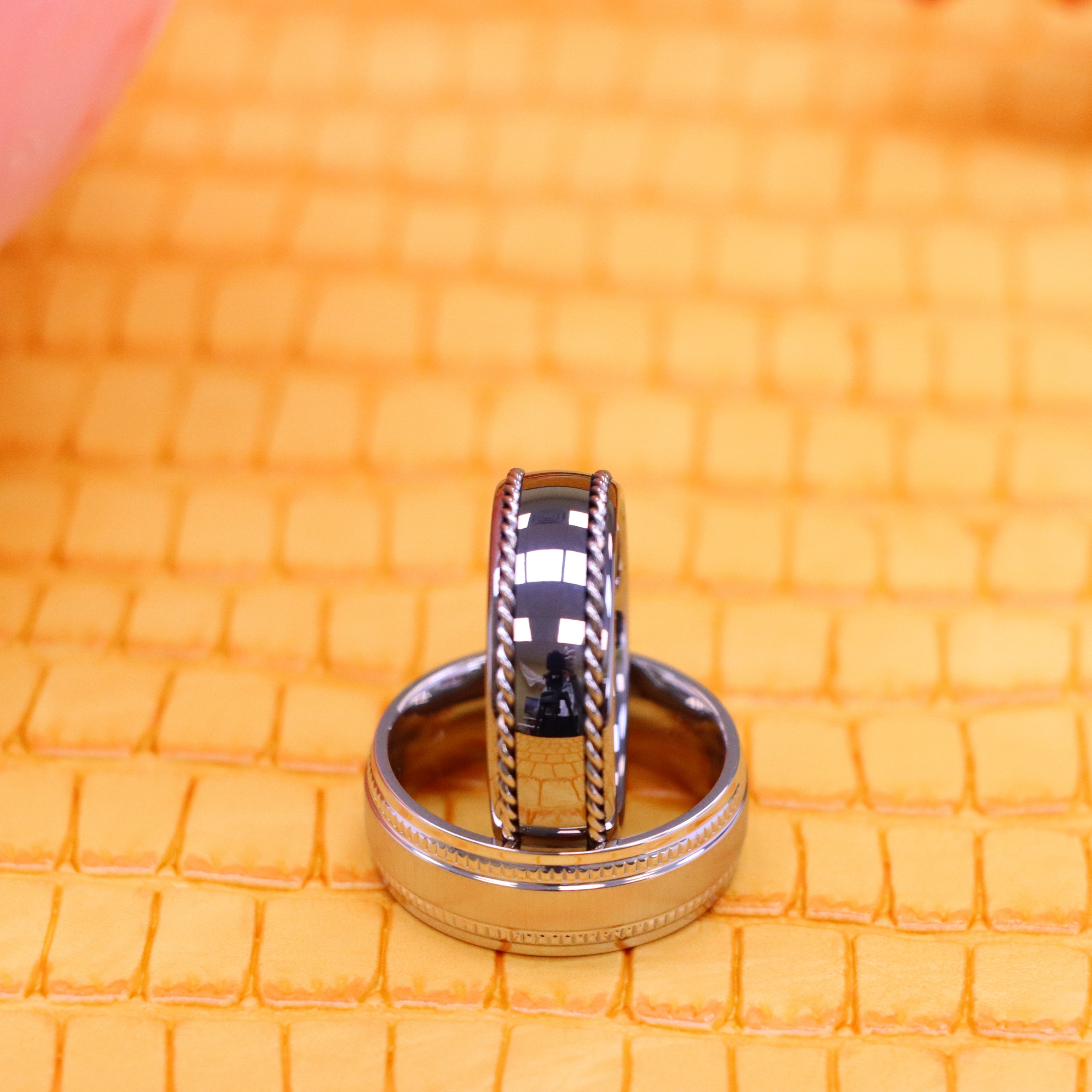 8mm White IP Plated Titanium Ring Satin Finish Center with Milgrain Stepped Edge Polished Semi-Domed with Rope Stainless Steel Inlay Sides Tungsten Ring - Labhu USA