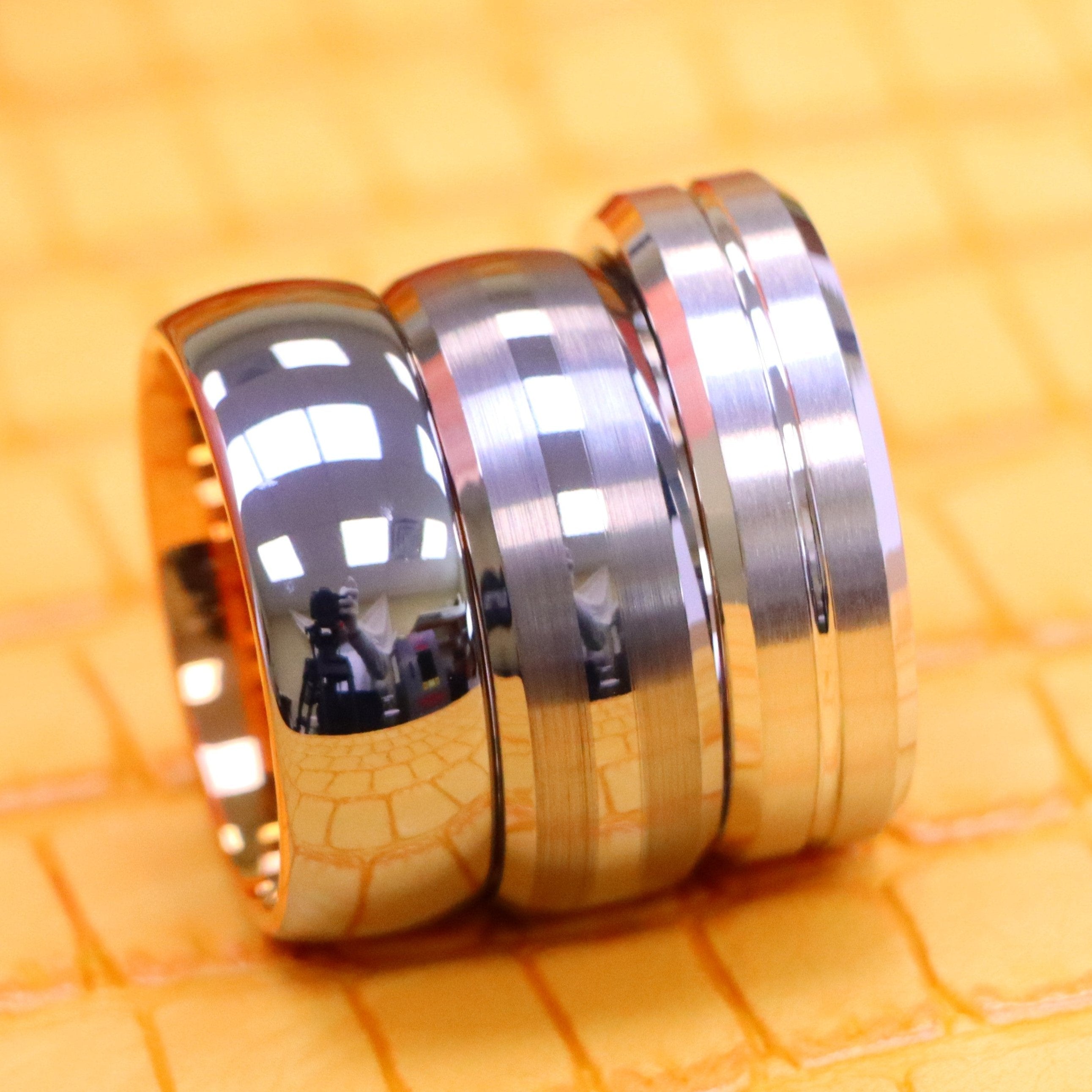 White IP Plated Titanium Ring Domed Brushed Center Stepped Edge, Rose Gold IP Plated Inside & Gun Metal High Polished Center Tungsten Ring - Labhu USA