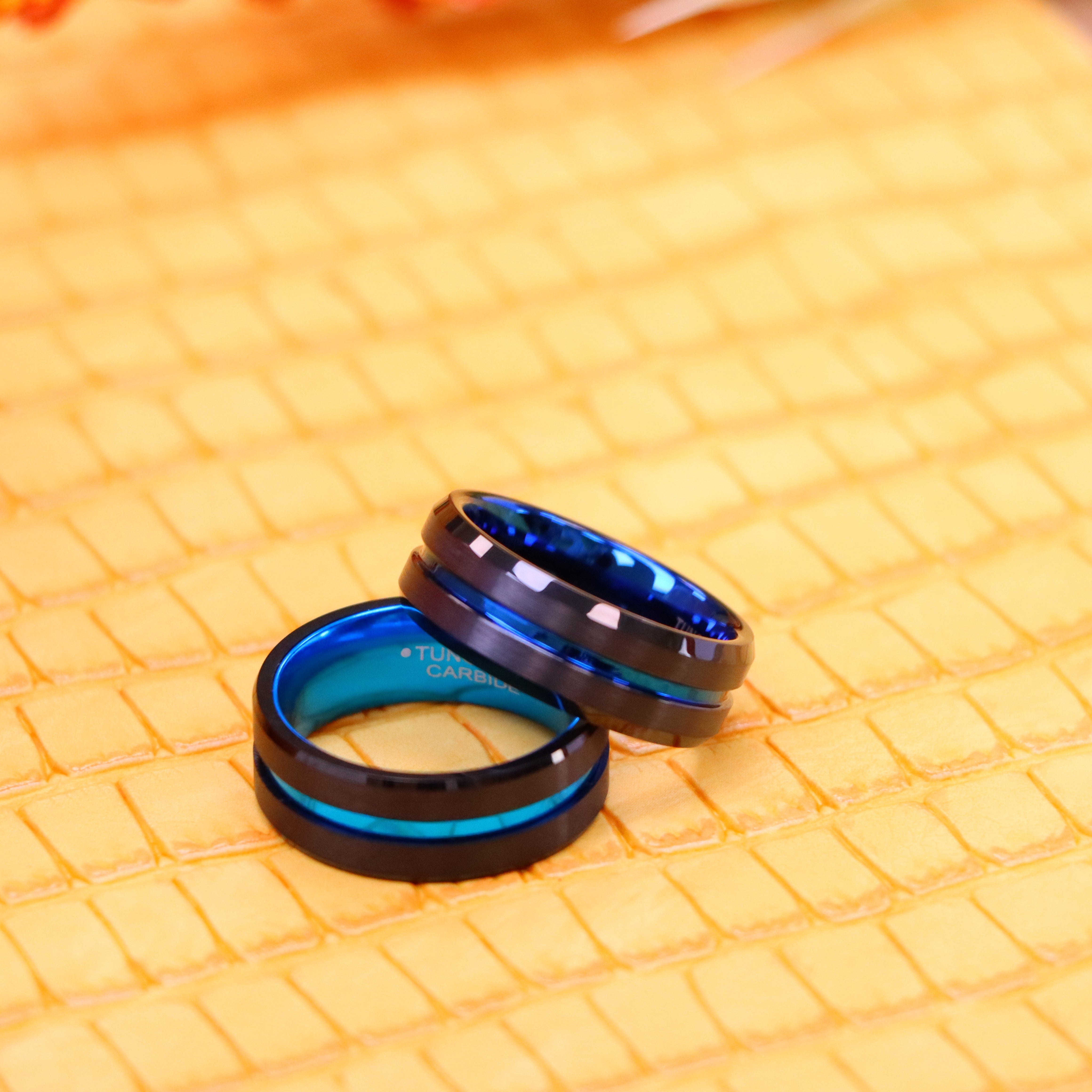 8mm Black Plated Grooved Center with Blue Anodized Aluminum Sleeve Tungsten Ring - Labhu USA