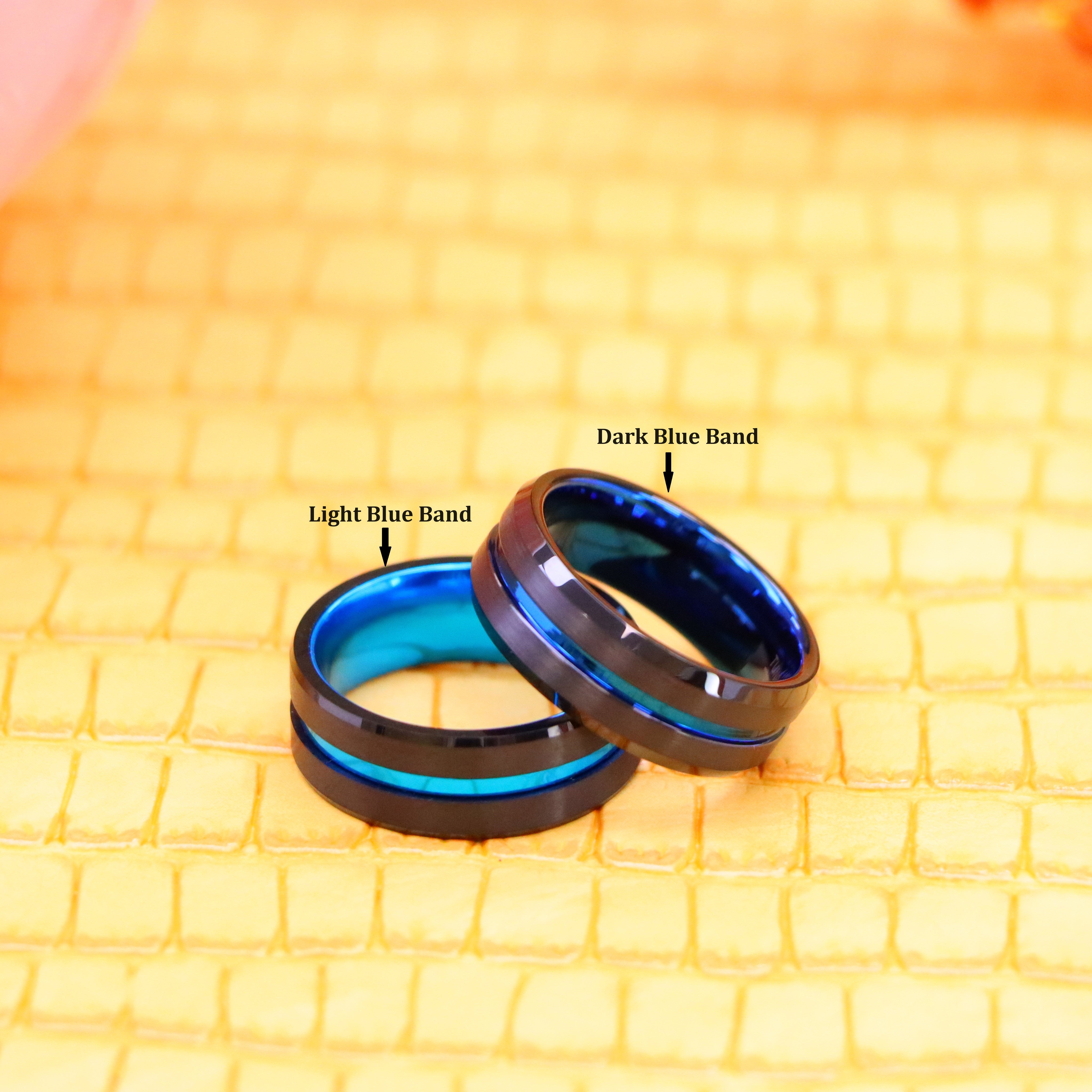 8mm Brushed Center & Shiny Edges Black & Blue IP Plated/High Polished Beveled Edge with Notches & Black IP Plated Hammered Tungsten Ring - Labhu USA